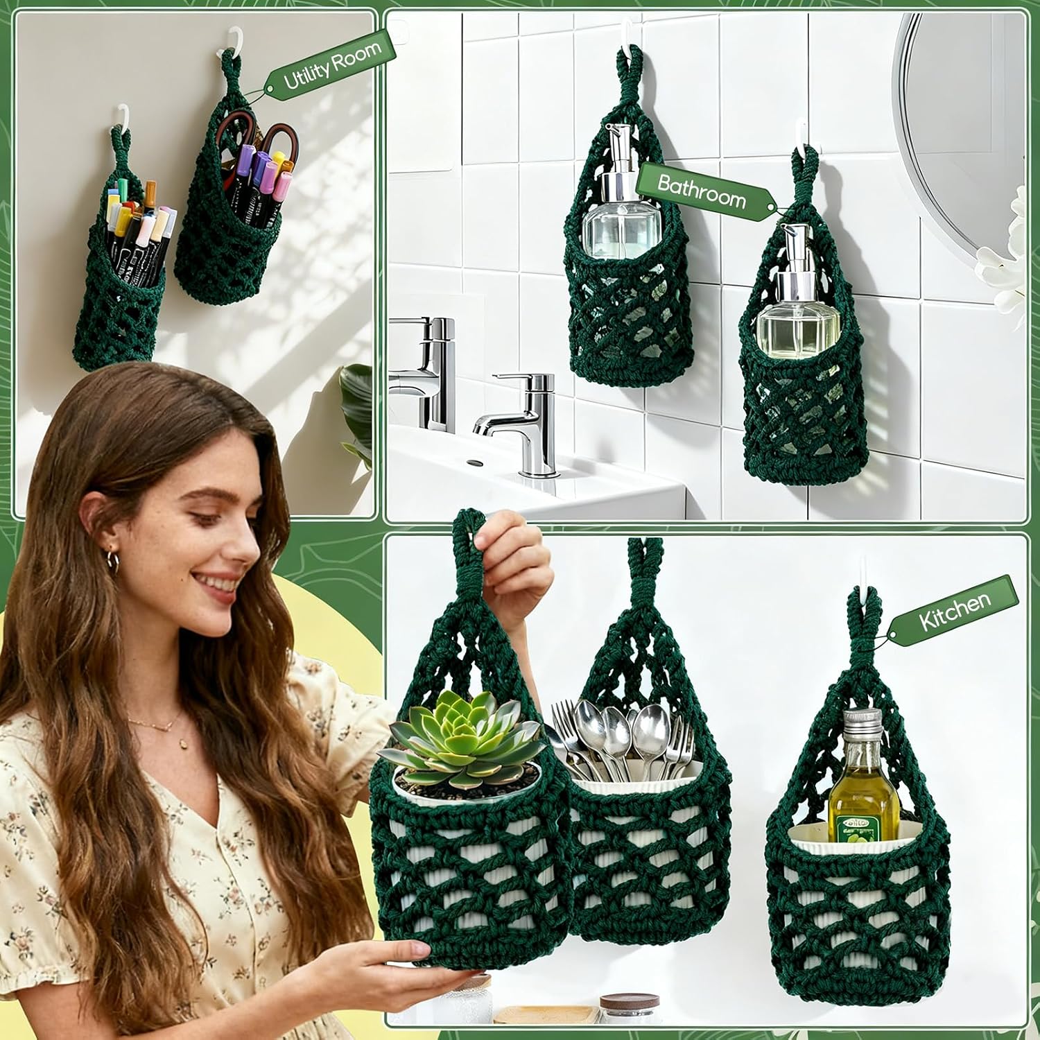 Macrame Wall Plant Hanger / Green / 4-inch / 4 Inch