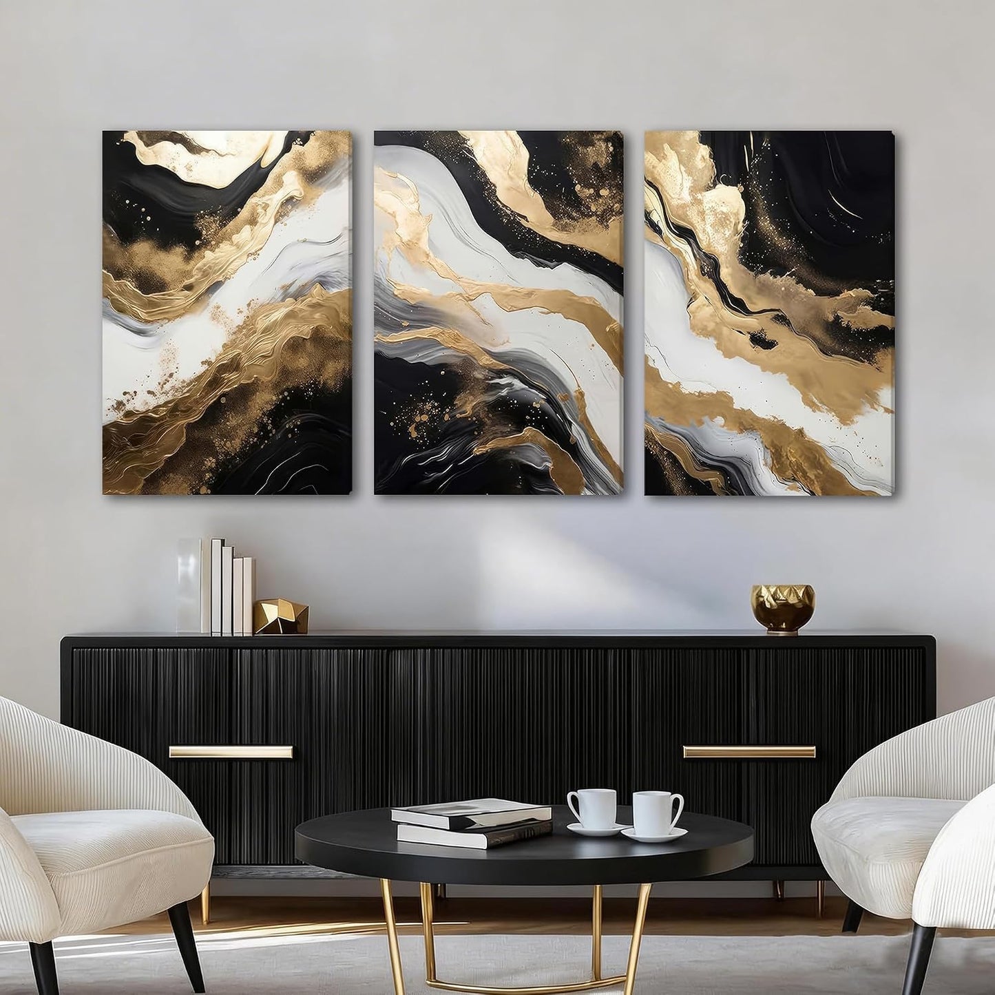 Black Gold Canvas Black Marble Picture Wall / 20L" x 30W / Black and Gold