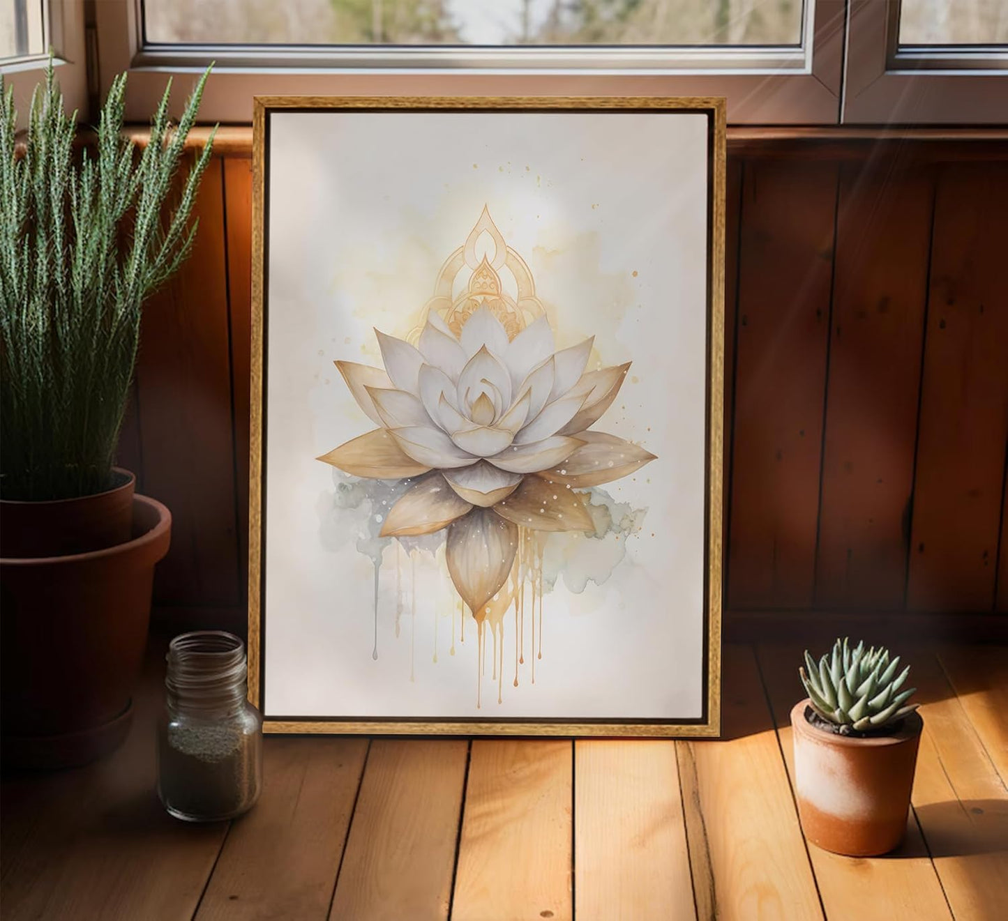 Tree of Life Canvas Wall Art Lotus Zen Painting / Wood Grain Frame / Framed / 16"L x 12"W / Gold