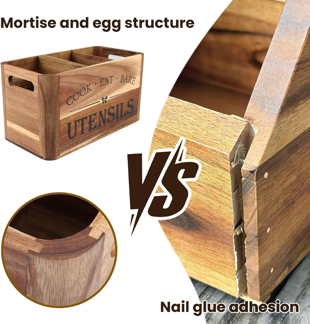 Utensil Holder for Kitchen Countertop - Extra Large 3 Compartment Wooden Organizer in Acacia Wood, Storage for Cooking