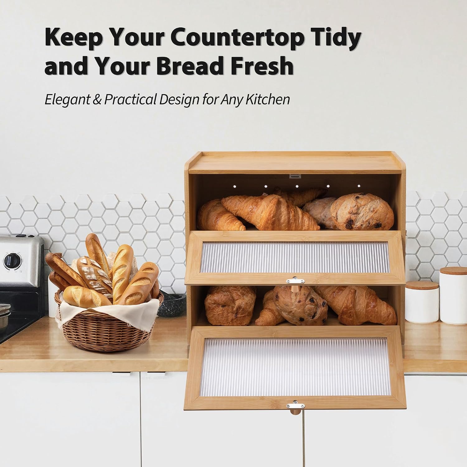 Bread Box with golden knobs Double Layer Vitamin Bottle Organizer | Grip Bottom; Great Looking; Metal Handle; Back