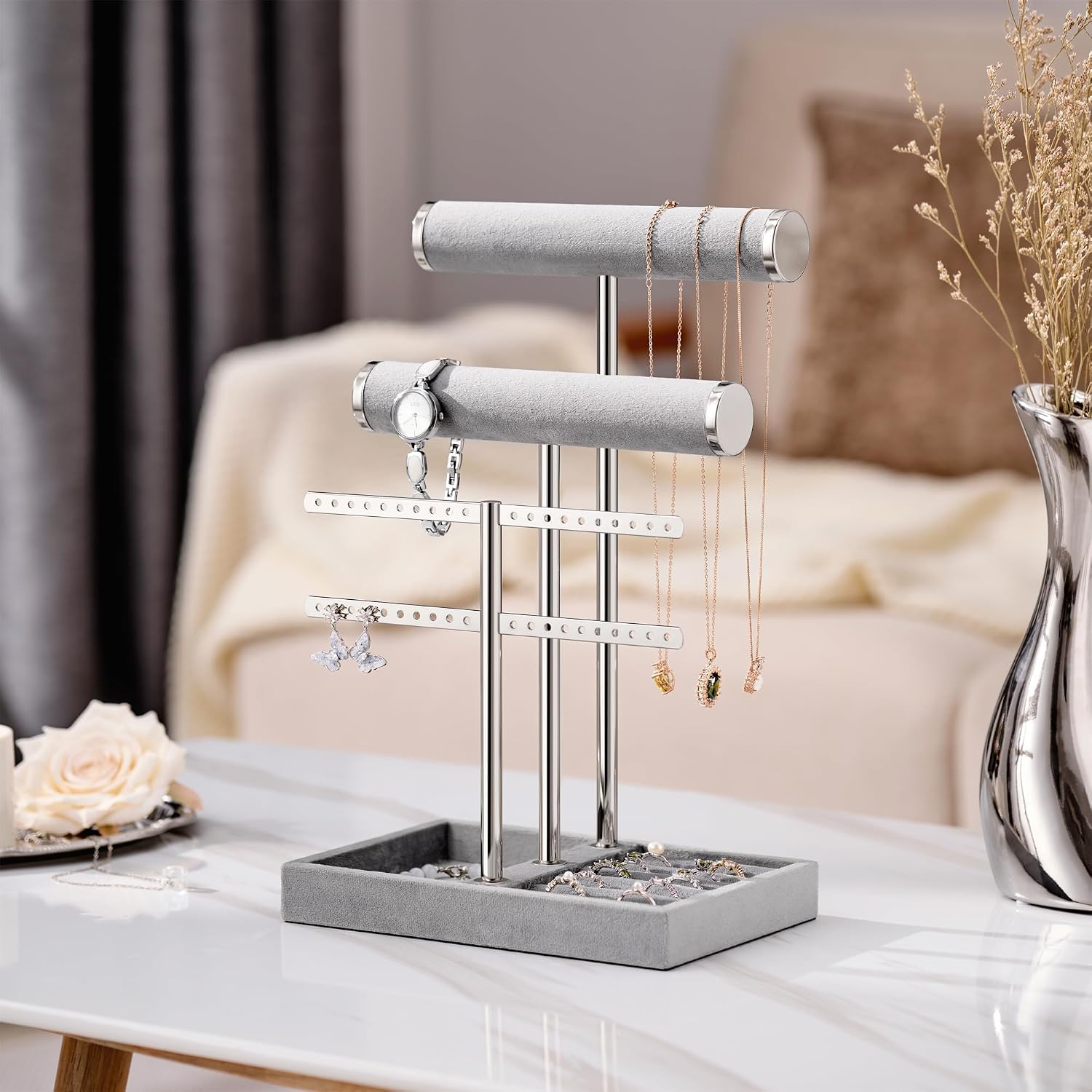 Detachable T Bar Velvet Bracelet Holder / Grey / Standard