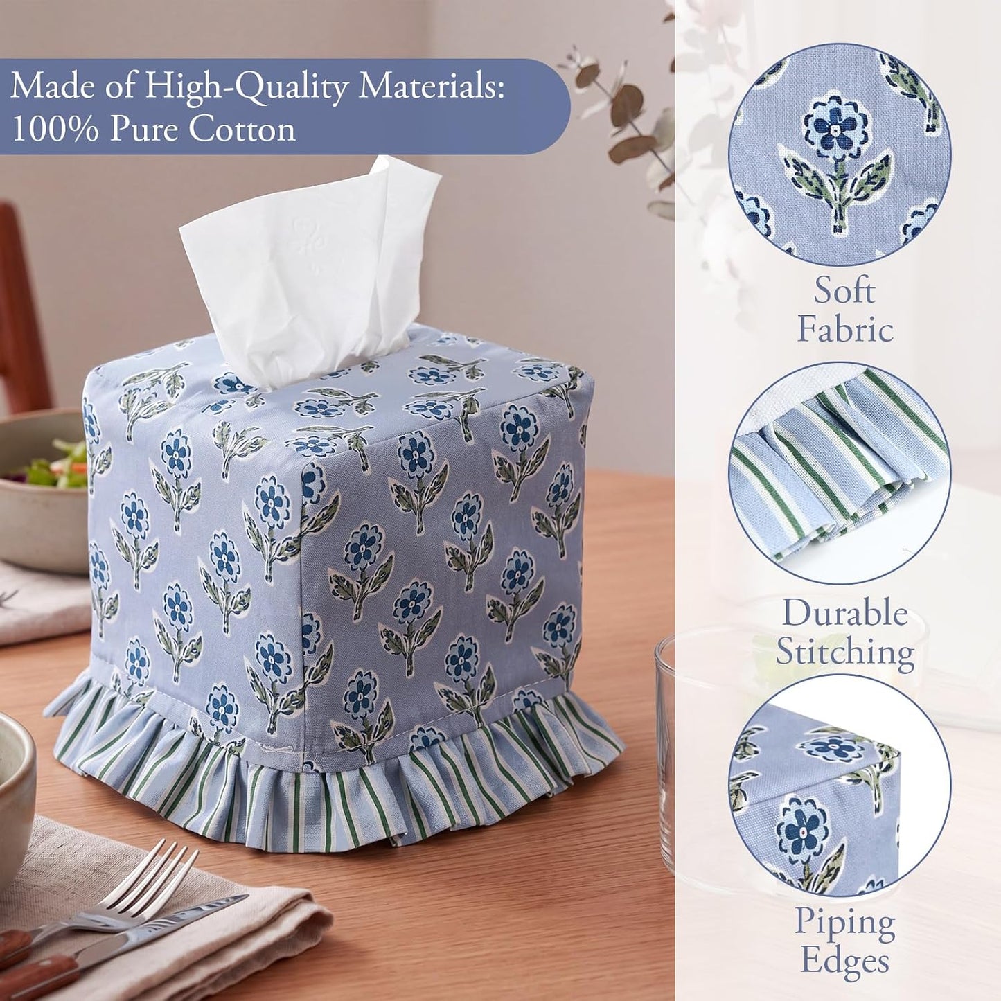 Apatite Floral Ruffle Tissue Box Cover Block Printed Cotton Fabric Napkin Holder Square Boho / Blue