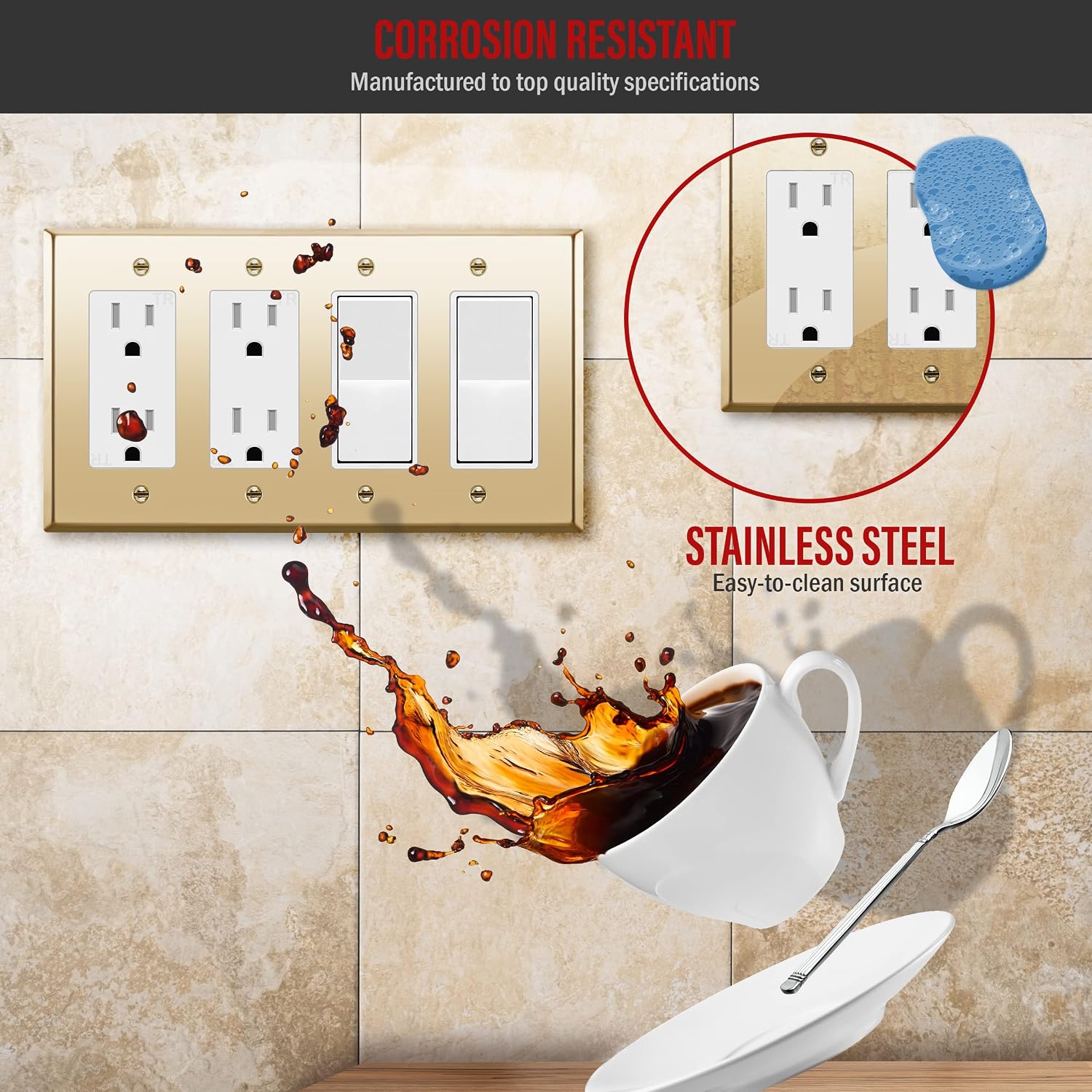ENERLITES Quad Decorator Metal Wall Plate, Decorator Switch Receptacle Cover, Corrosion Resistant, Stainless Steel 201