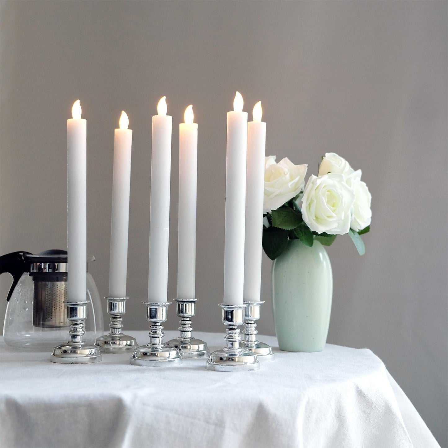 White Flameless Window Taper Candles Battery Operated Remote Timer | Real Wax Long Lasting, Dimmable Warm Light, Silver