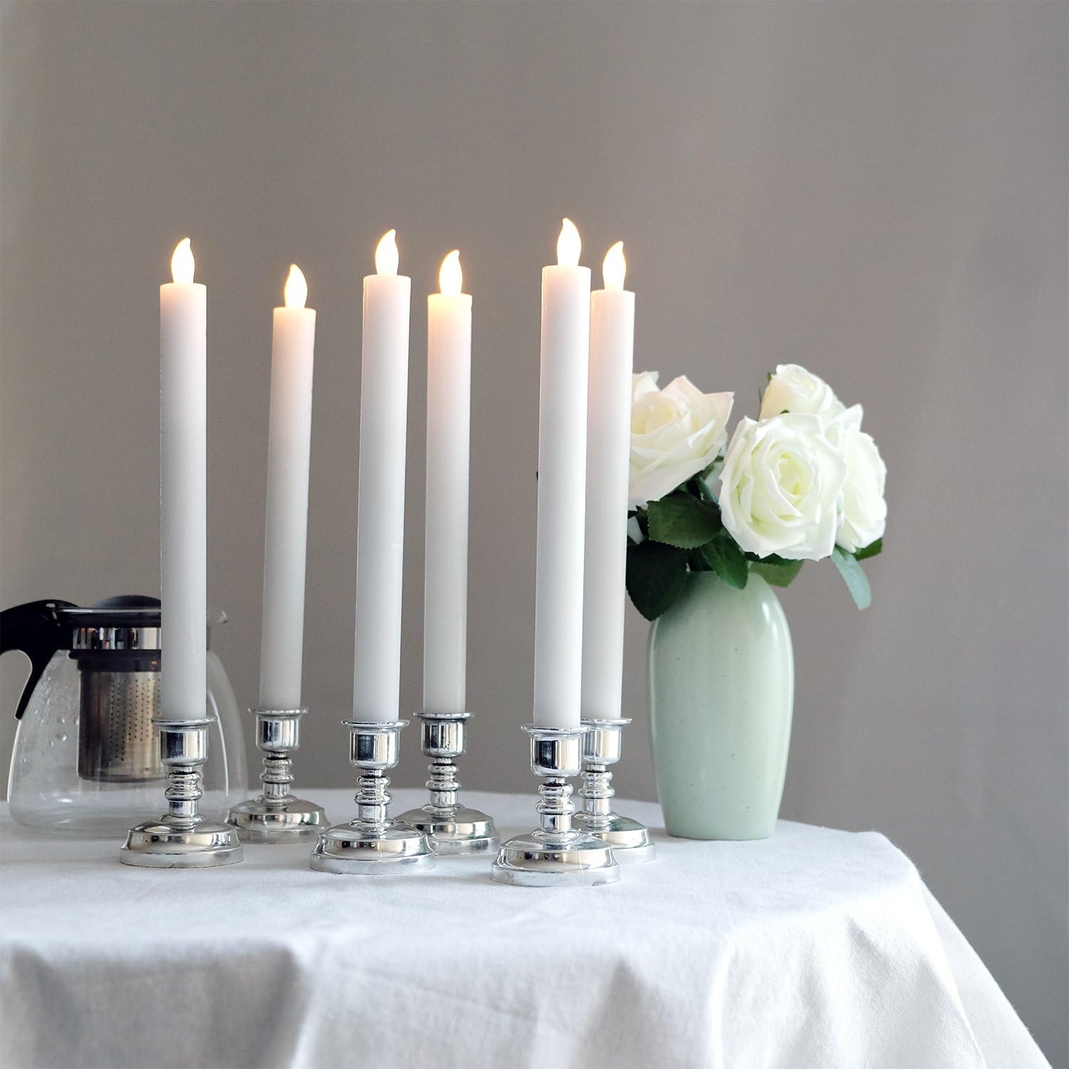 White Flameless Window Taper Candles Battery Operated Remote Timer | Real Wax Long Lasting, Dimmable Warm Light, Silver