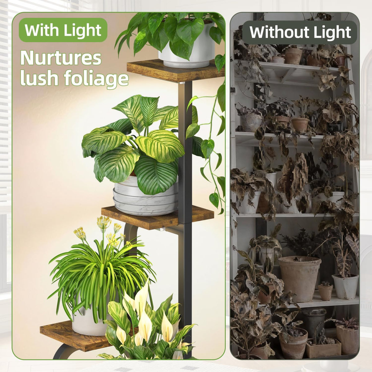 iDavosic.ly Tall Plant Stand Indoor with Grow Lights & Wooden Trays, Brown | 4 Tier Multiple Flower Holder Shelf, Space
