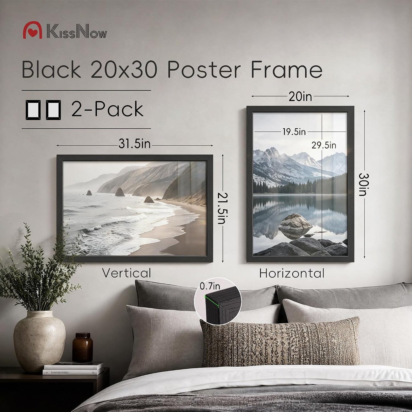 20x30 Poster Frame, Black Solid Wood, 2 Pack, Wall Hanging for Art | Thick & Wide Border, HD Plexiglass, Horizontal or