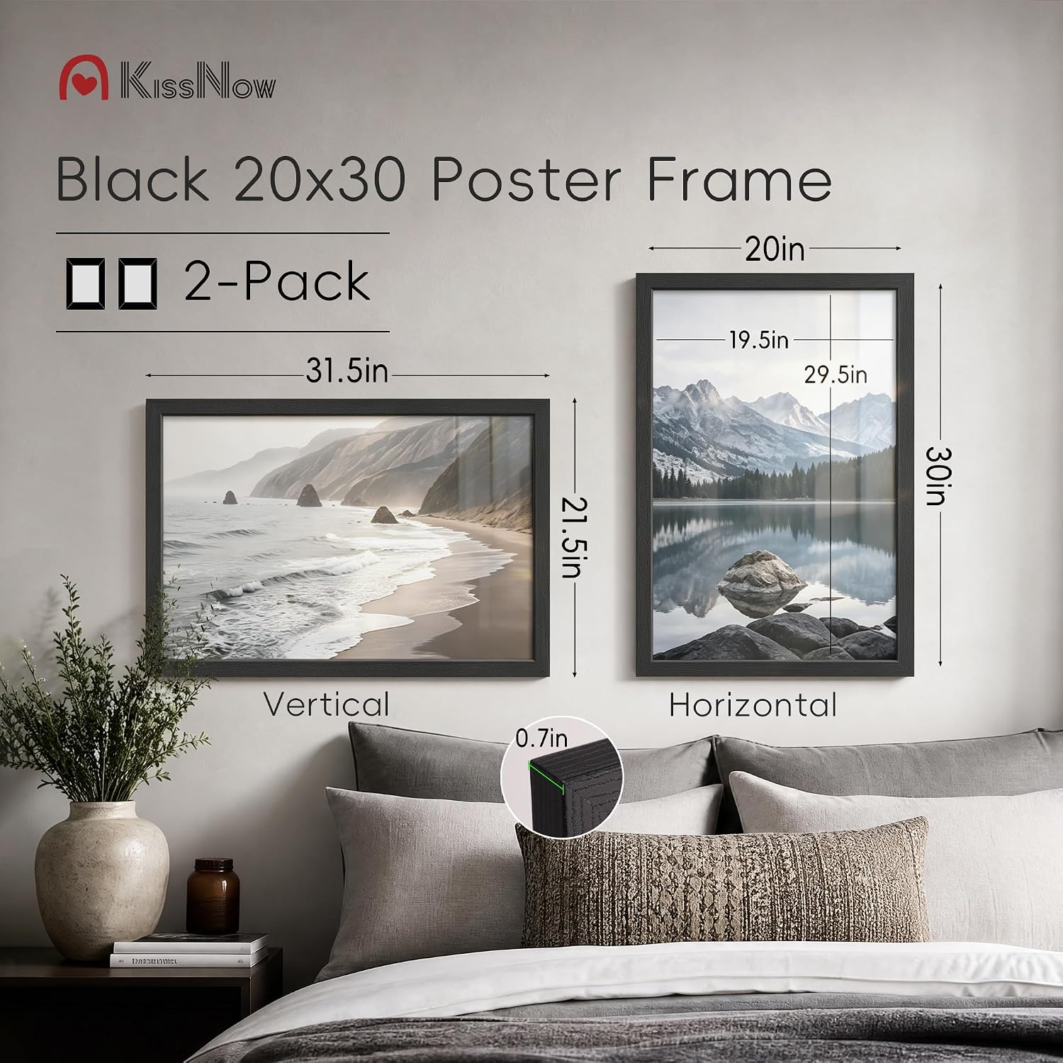 20x30 Poster Frame, Black Solid Wood, 2 Pack, Wall Hanging for Art | Thick & Wide Border, HD Plexiglass, Horizontal or