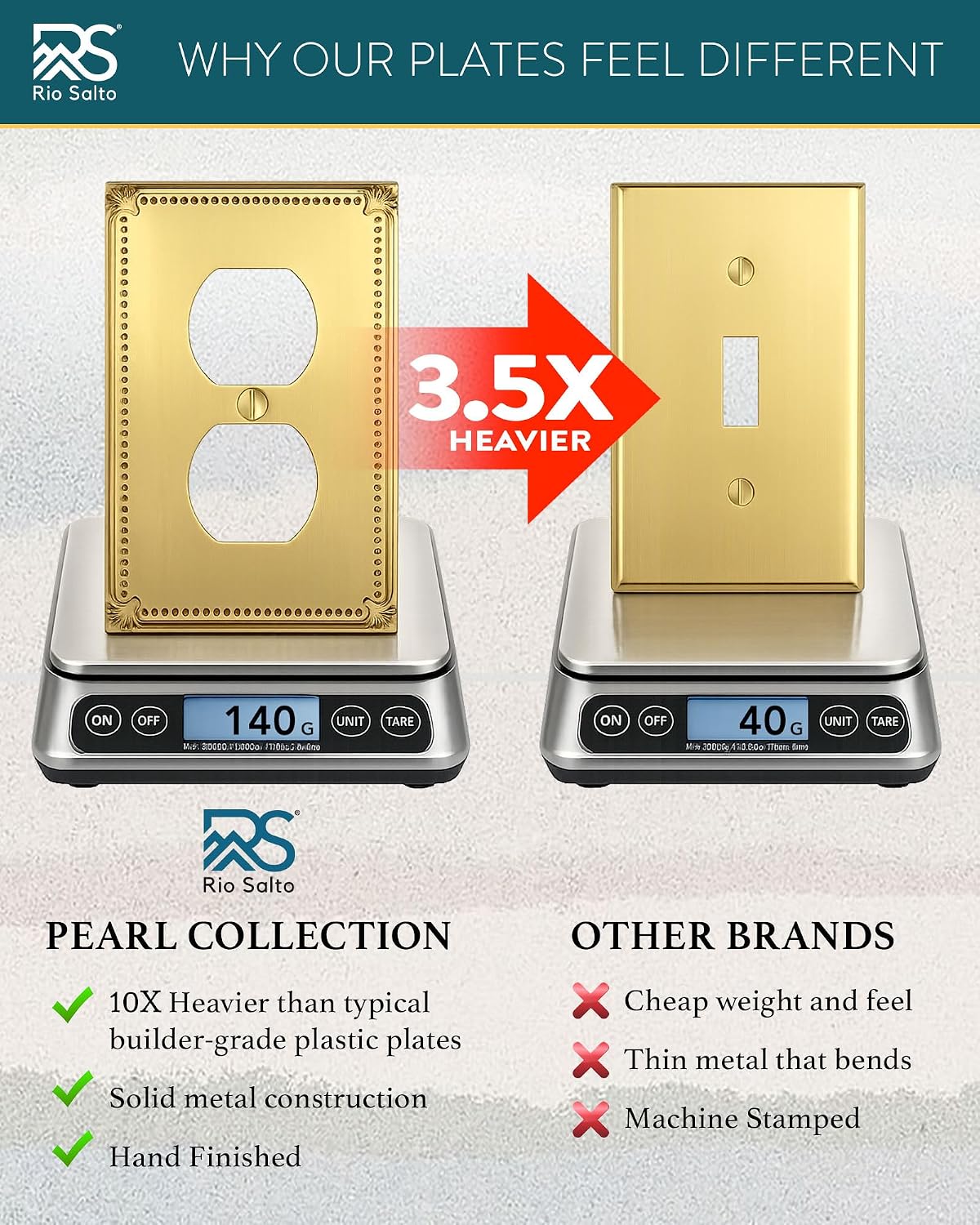 Rio Salto Toggle Single Light Switch Cover Plate Flip Switch Wall Plates Brushed Gold Metal — Pearl Collection, 4-Pack