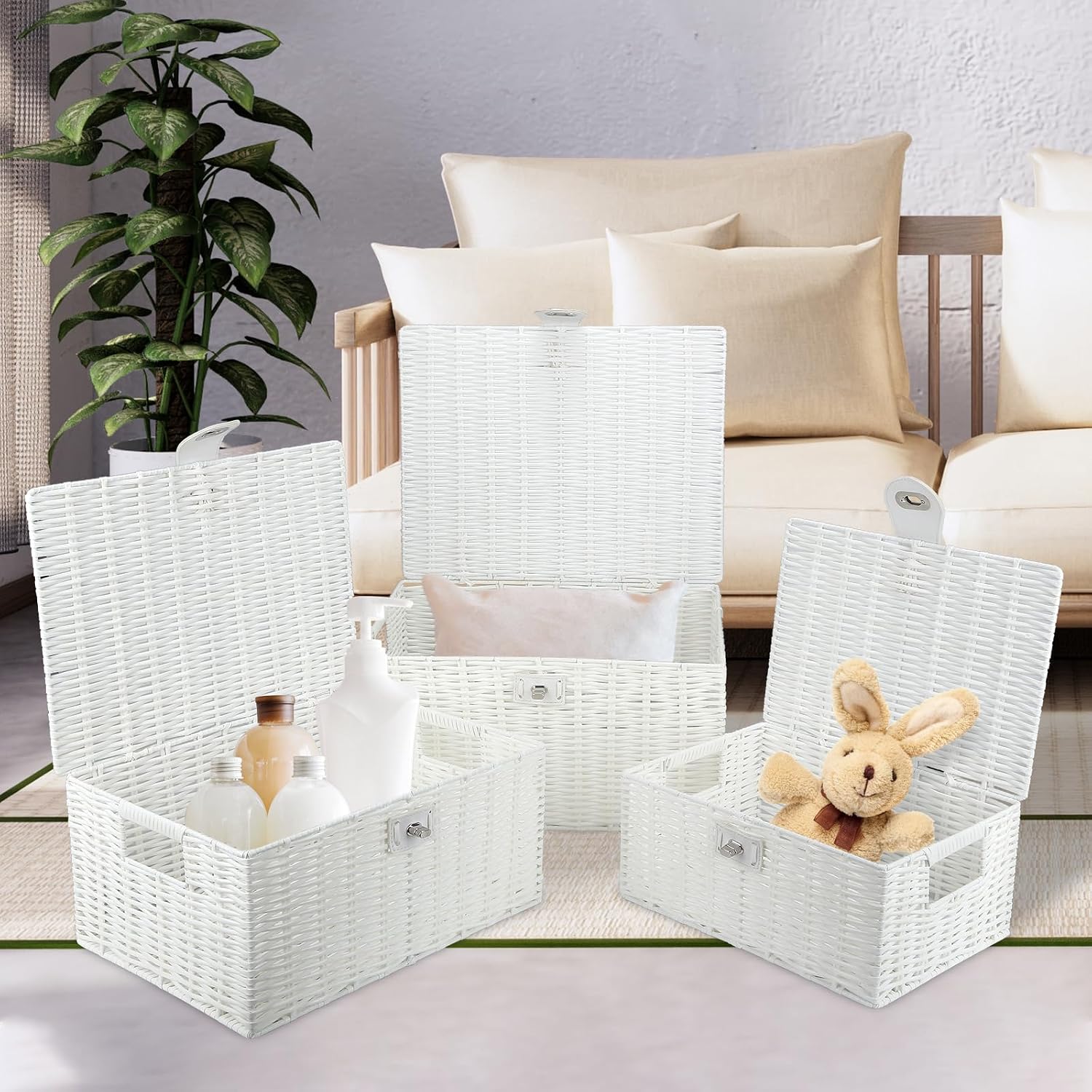 Woven Basket / Wicker Storage Baskets / White / Set of 3