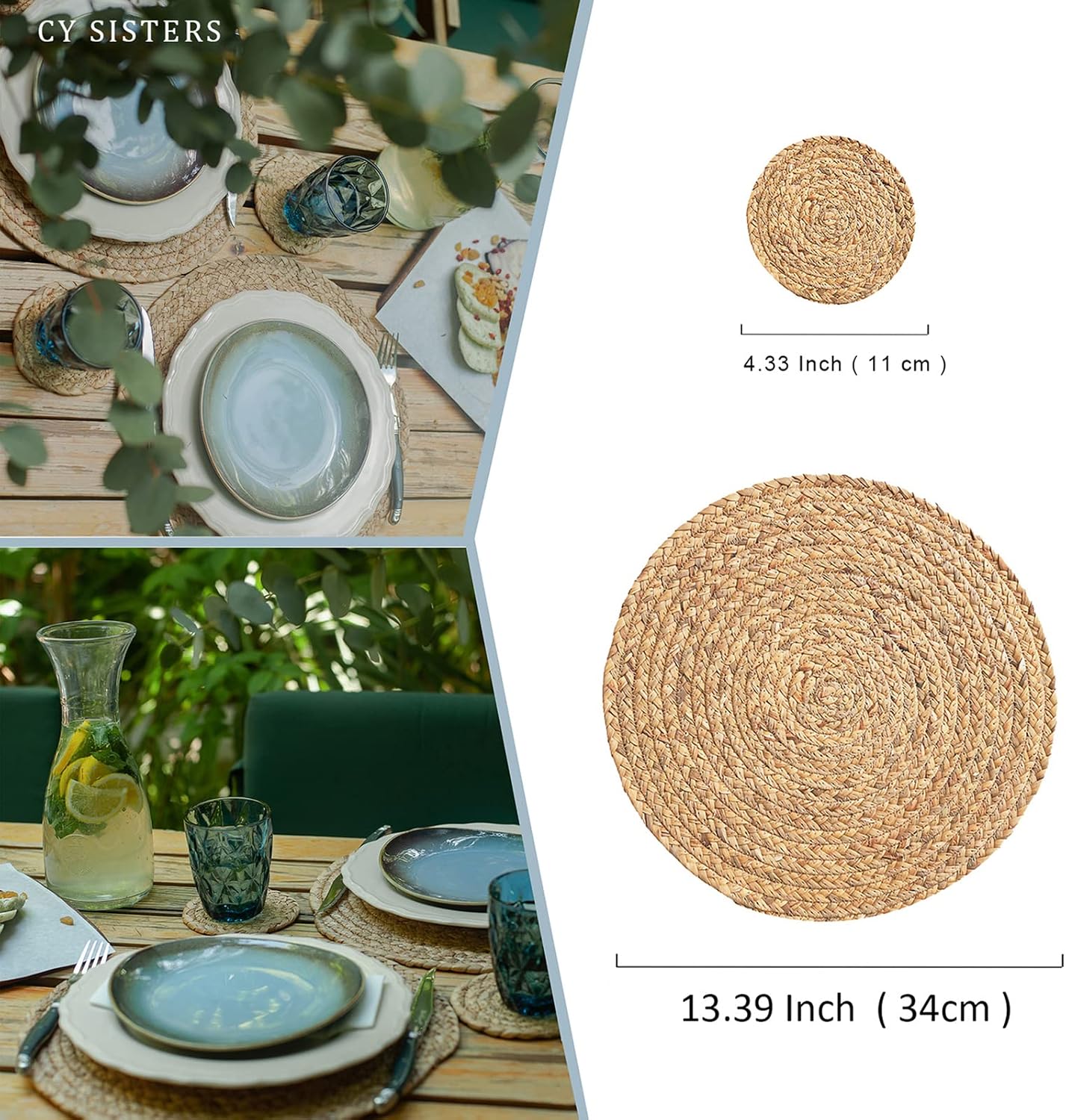 Round Placemats Set of 8 Natural Woven Rattan Placemats, Braided Boho Farmhouse Place Mats Heat Resistant Dining Table