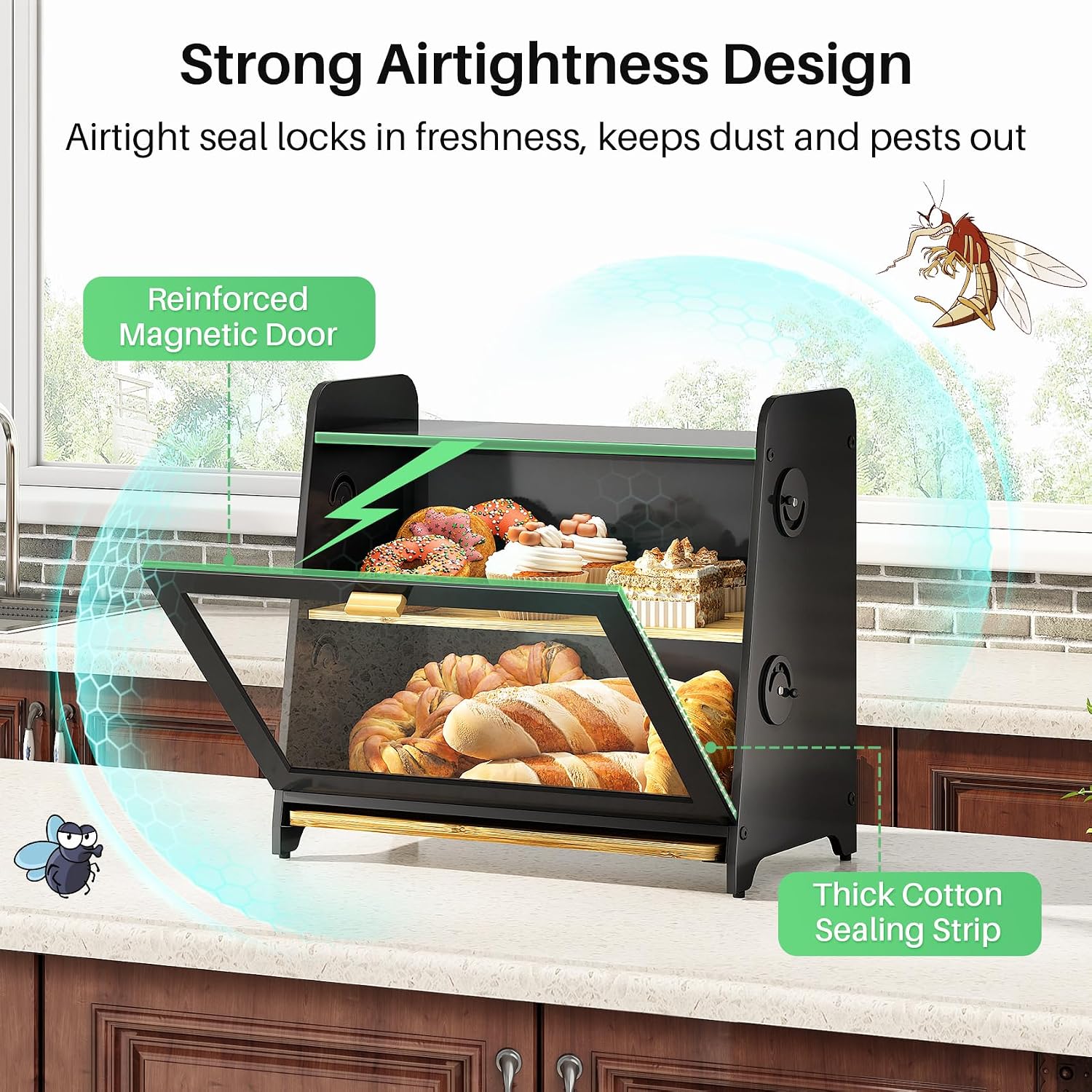 SNTD Airtight Bread Box for Kitchen Countertop, Bamboo Cutting Board, Black | Adjustable Vent Hole, Sorted Storage