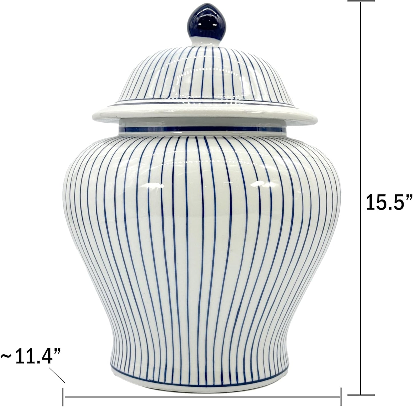 Blue & White Striped Wide Ceramic Porcelain Ginger Jar wtih Lid Temple Jar / Blue & White Stripes