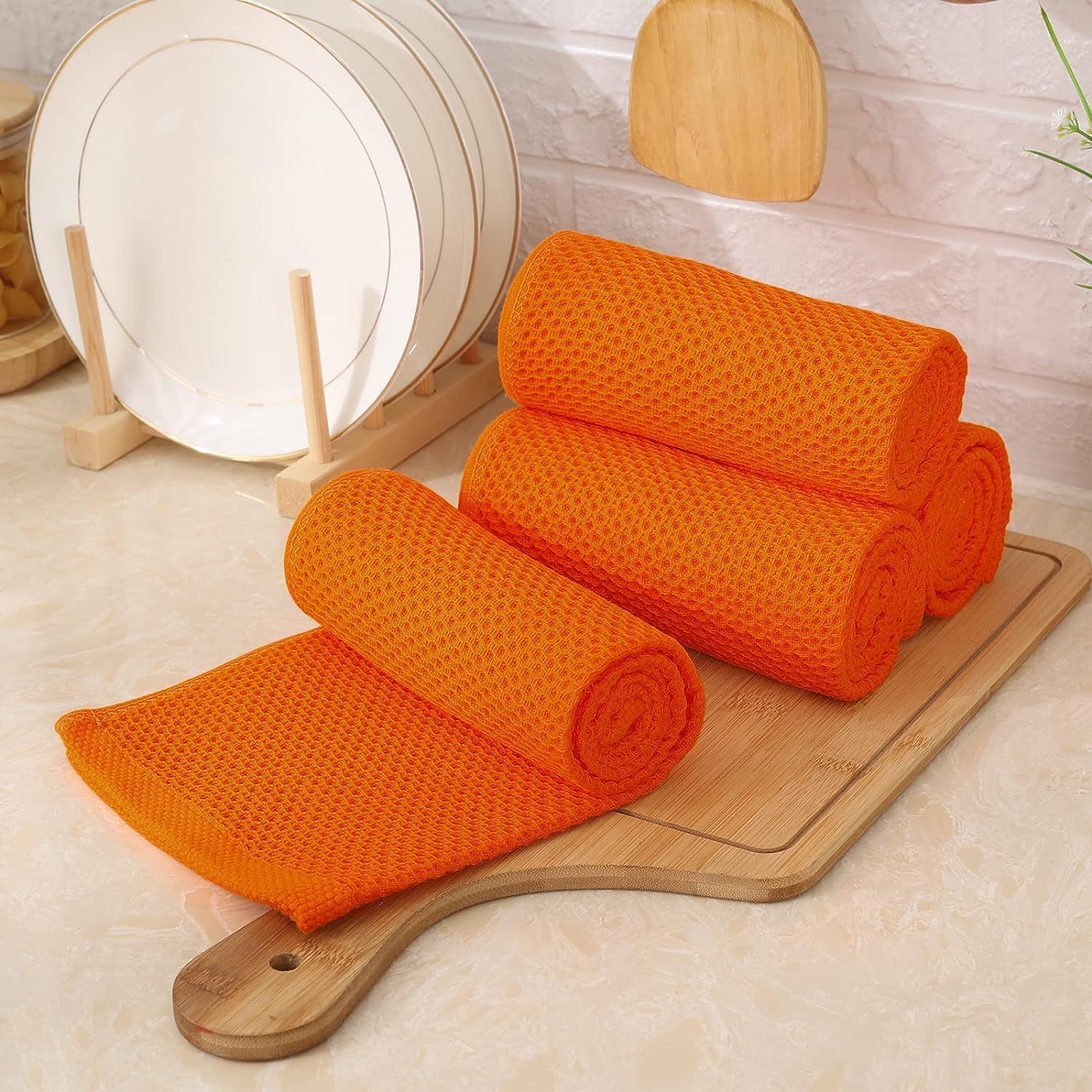 Kitinjoy 100% Cotton Waffle 6-Pack Kitchen Towels, 13" x 28", Orange | Super Soft, Ultra-Absorbent, Fast Drying