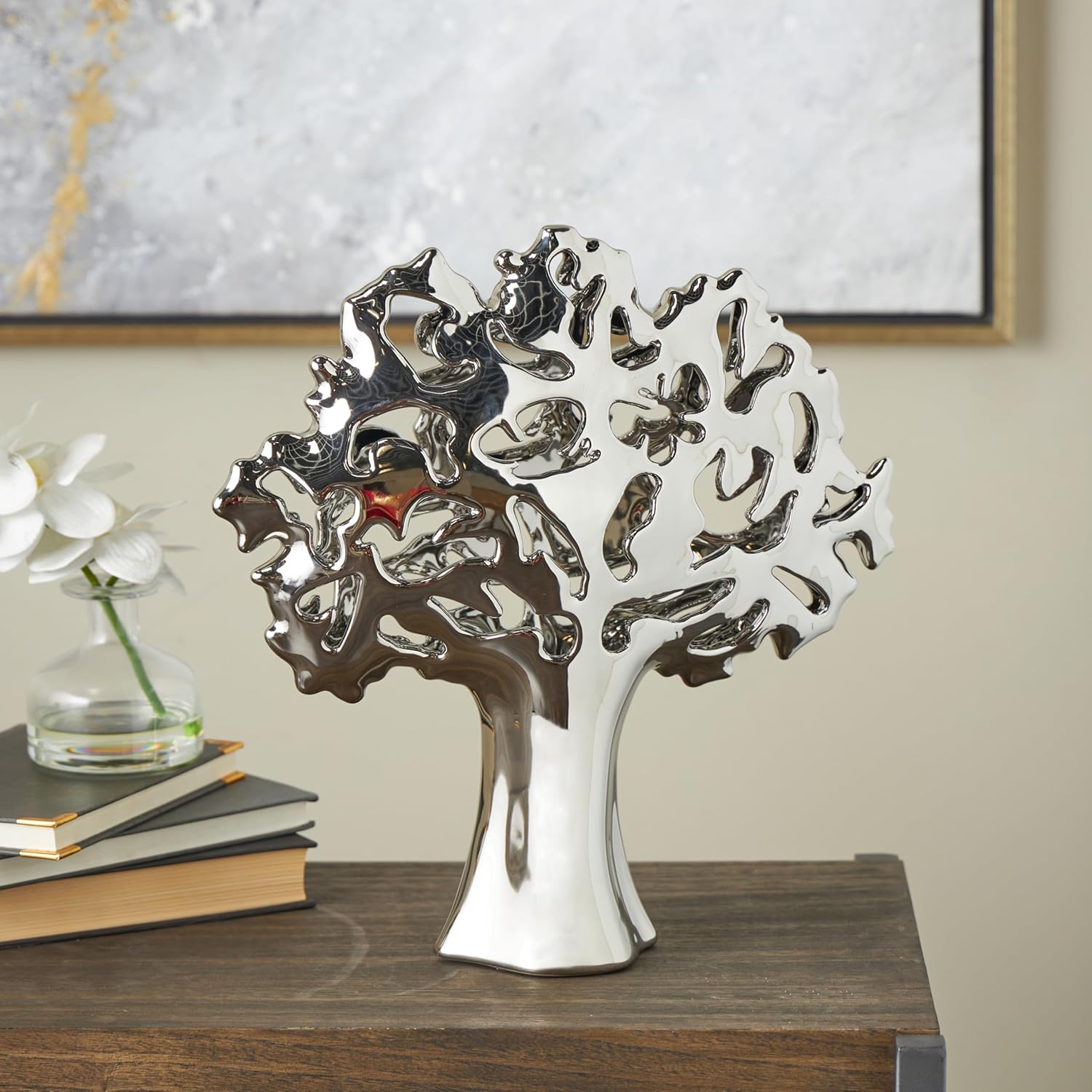 Ceramic Tree Decorative Sculpture Glossy Home Decor Statue / Silver / 15 x 5 x 16