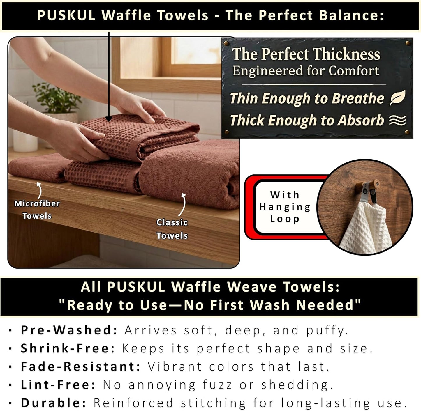 PÜSKÜL Natural 100% Turkish Cotton Waffle Bath Towels Set of 2, Extra-Large | Brick-Red, Oversize 32x63" Bath sheet