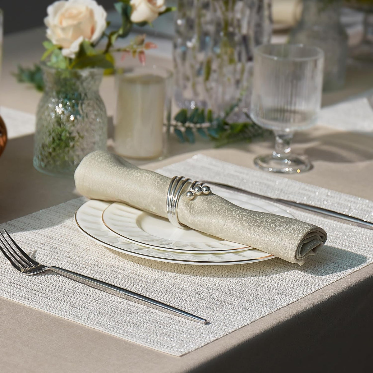 Leetaltree Woven Vinyl Placemats Set of 12,White and Silver | High Density，Stain Resistant, Easy to Clean, Washable