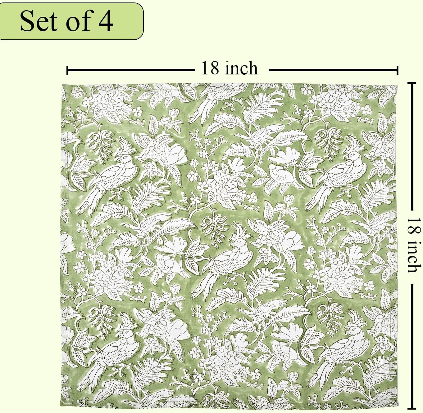 CPC Olive Green Indian Block Print Cotton Cloth Napkins Set of 4, 18x18 Reusable Everyday Napkins, Soft, Absorbent