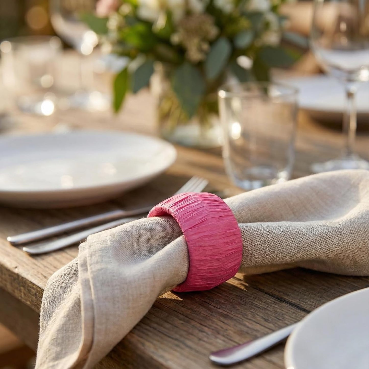 GURU JEE™ Handmade Raffia Rattan Napkin Rings Pink Set of 24 Everyday Use Dining Party Tabletop Décor Gifts Napkin