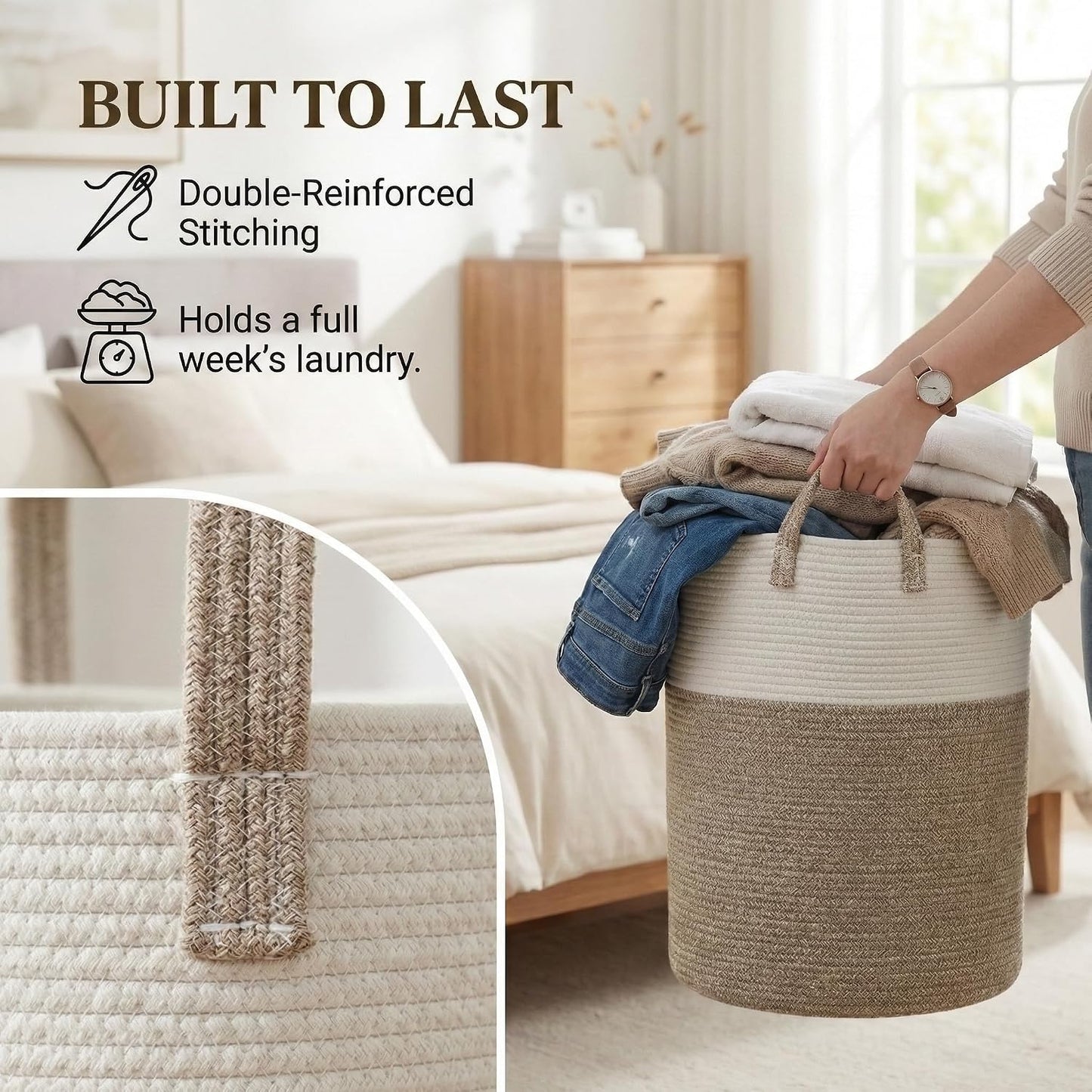 Large Woven Laundry Basket Hamper / Brown / 60L
