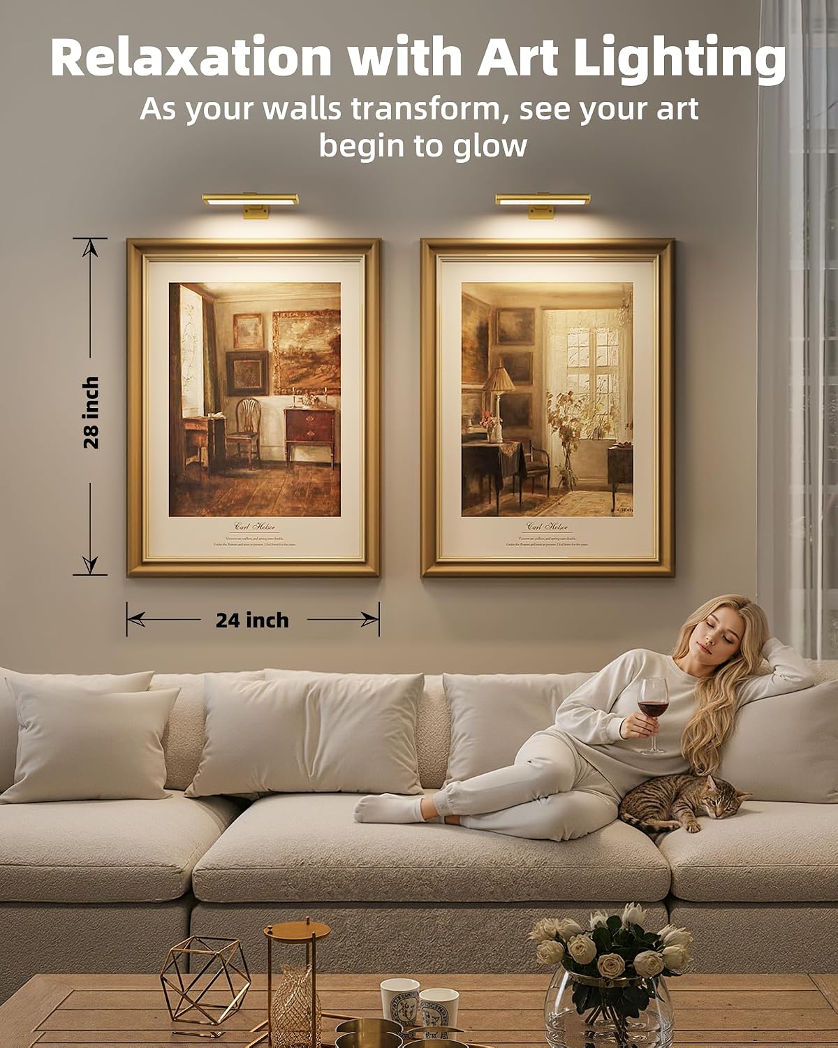 EZVALO Picture Light for Wall, Rechargeable 2400mAh Gold Lights Wireless with IR Remote, 3 Color & Dimmable Magnetic