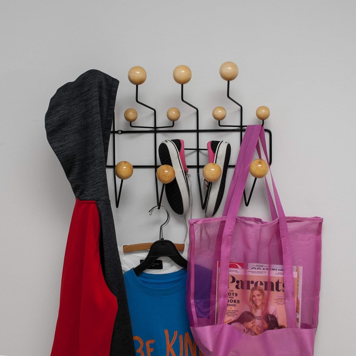 Mid Century Modern Bubble Wall Mounted Coat Rack, Wood Color Ball Black Frame