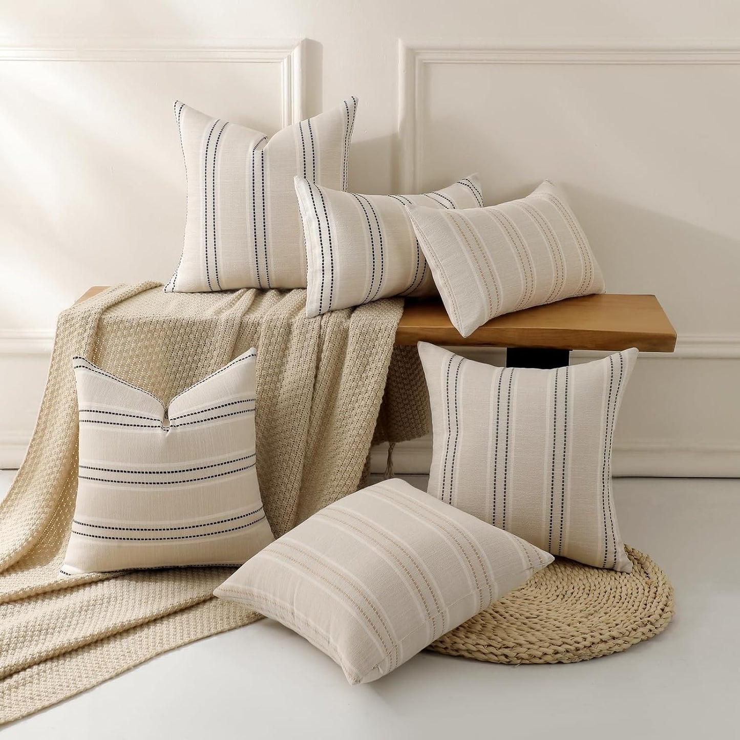 Hand Made Decorative Pillow Covers Striped Throw Pillows Textured Linen / Black / 18 x 18 / Set of 2