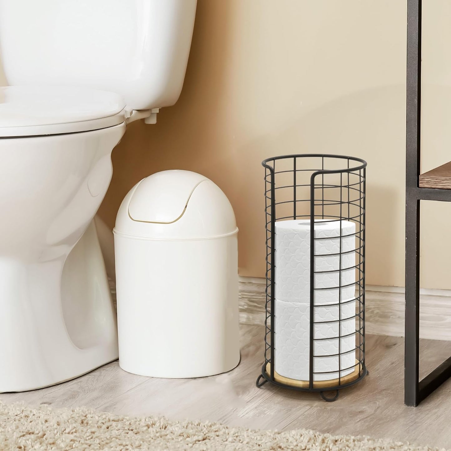 BROOKSTONE, Stylish Toilet Paper Holder with Bamboo Base, Freestanding Bathroom Tissue Organizer, Minimalistic Storage