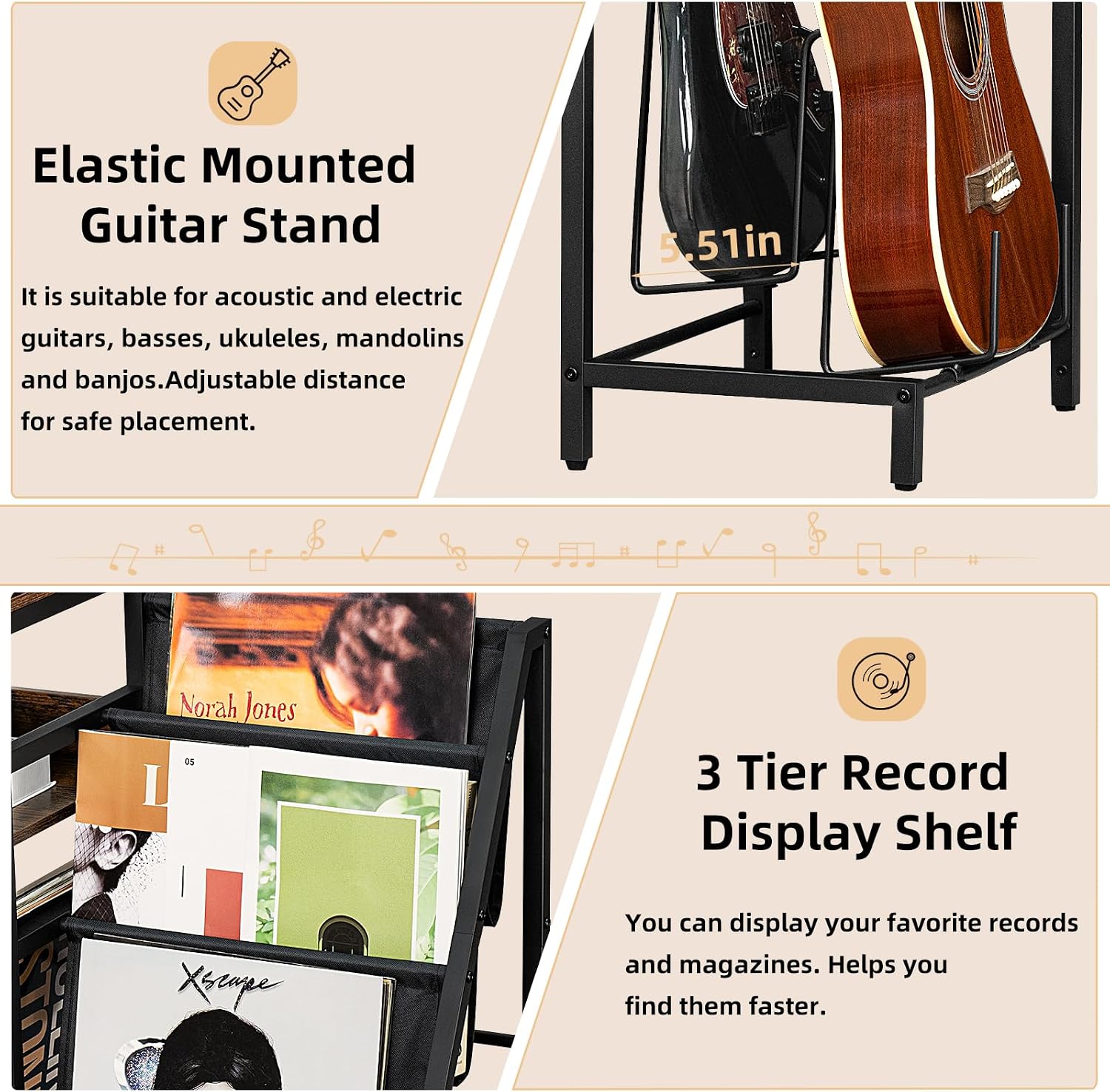 Record Player Stand, Adjustable Guitar Stand for Acoustic Guitar, Electric Guitar, Bass, Turntable Stand with Vinyl