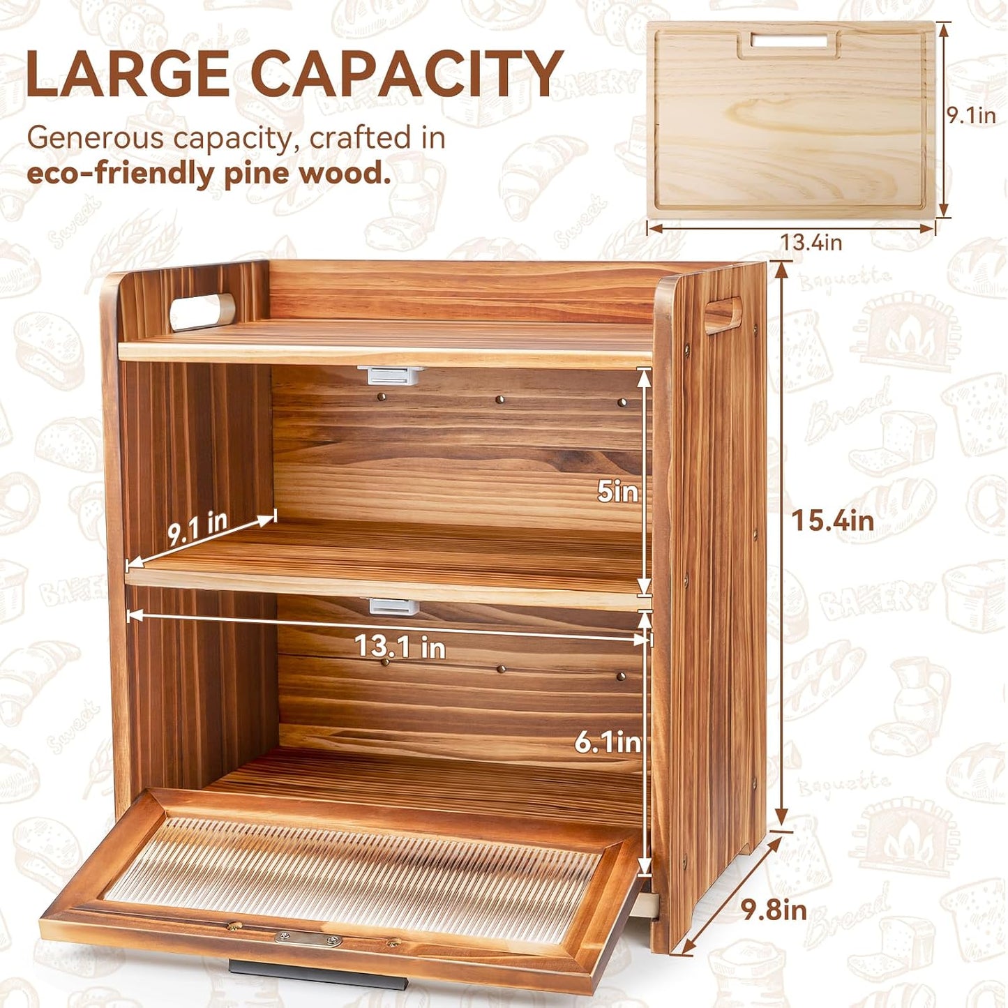 Bread Box for Kitchen Countertop, Large Wooden Breadbox with Cutting Board | Double Layer Bread Storage Container for