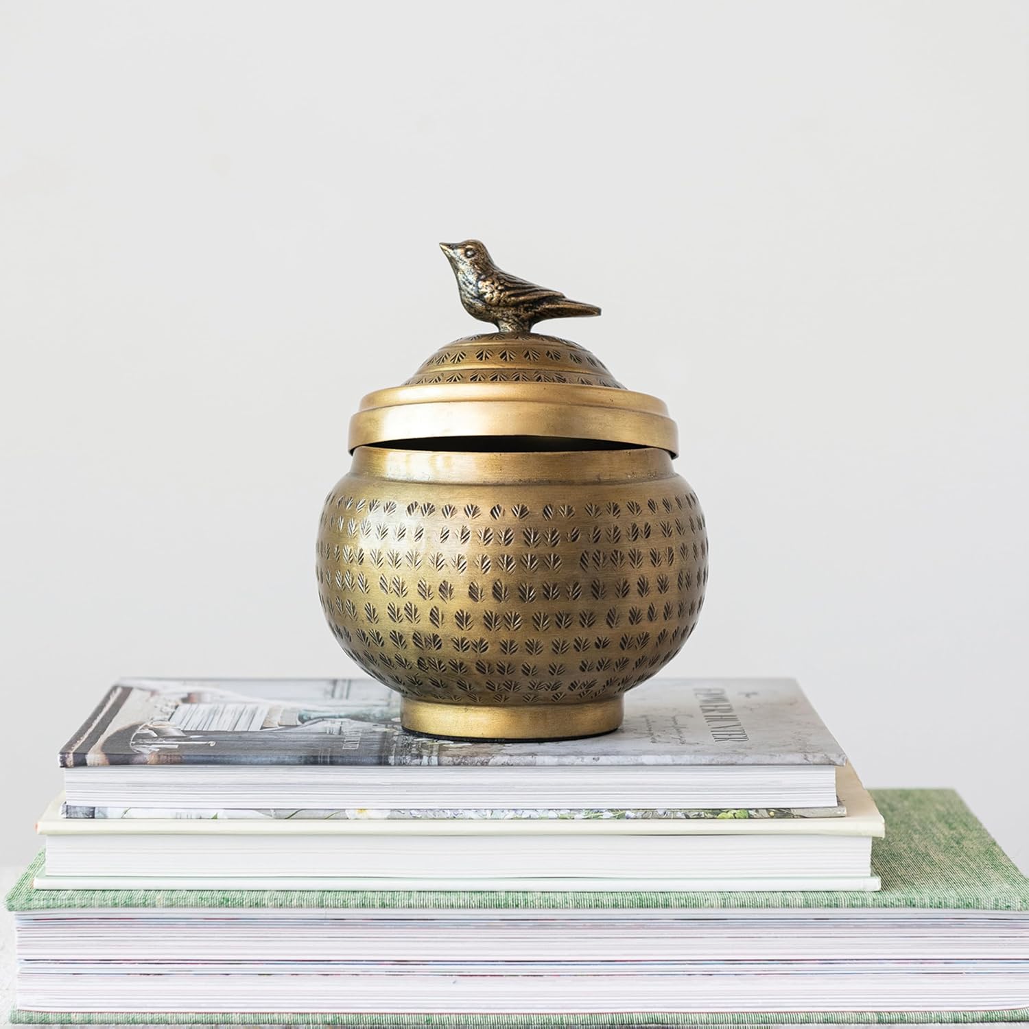 Round Hammered Metal Container / Bird