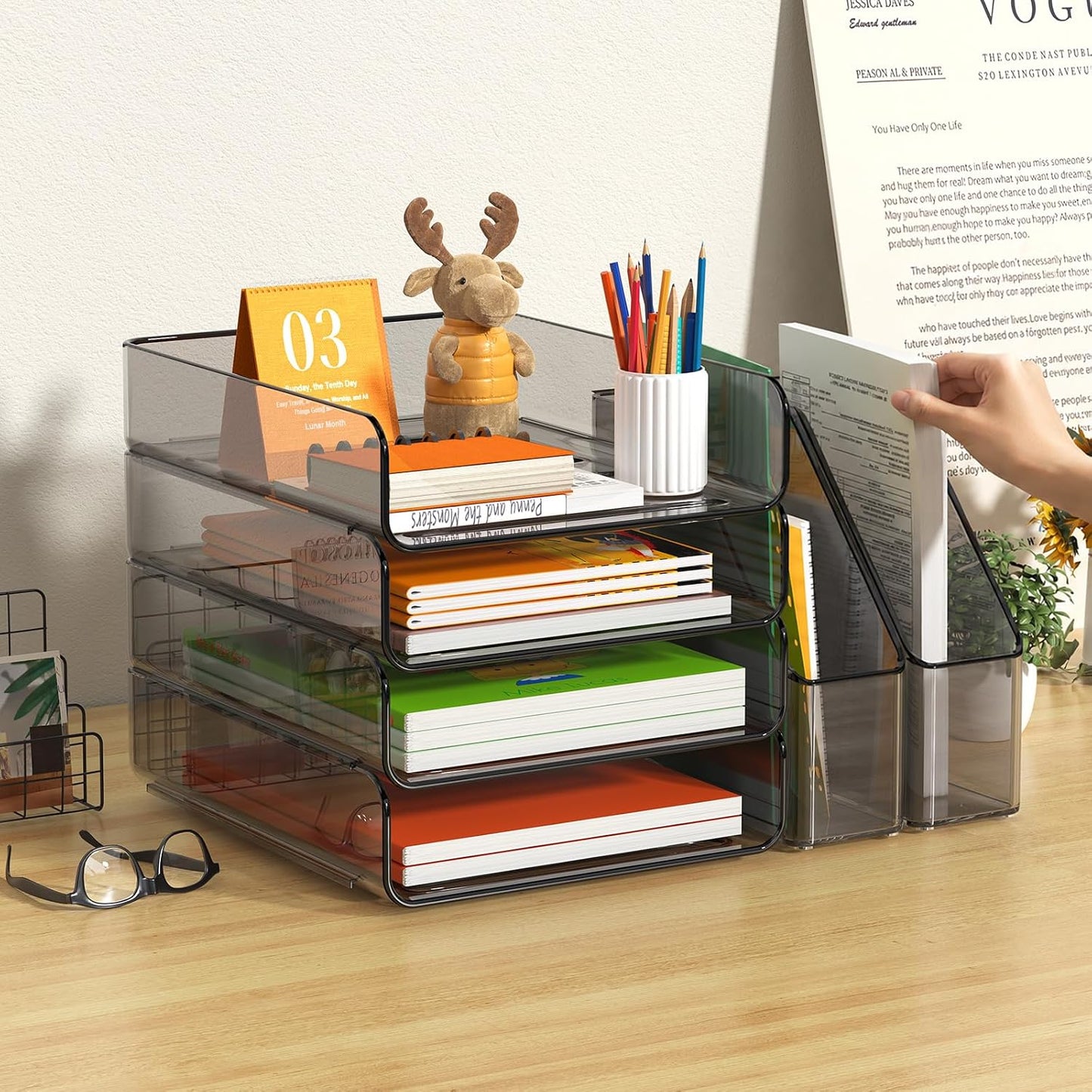 4-Tier Acrylic Paper Tray Organizer / Brown / 15.5 x 12.6 x 11