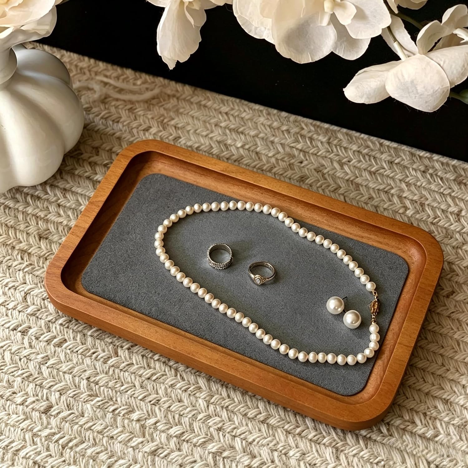 Wooden Jewelry Display Tray Rounded Rectangle Ring Showcase / Gray / Medium-w 3.9'' x H 0.6'' x L 7