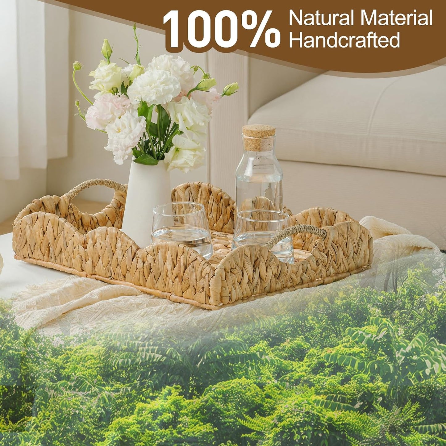 Handwoven Woven Tray / 17.3 x 13.4 x 3.6 / Water Hyacinth-scalloped