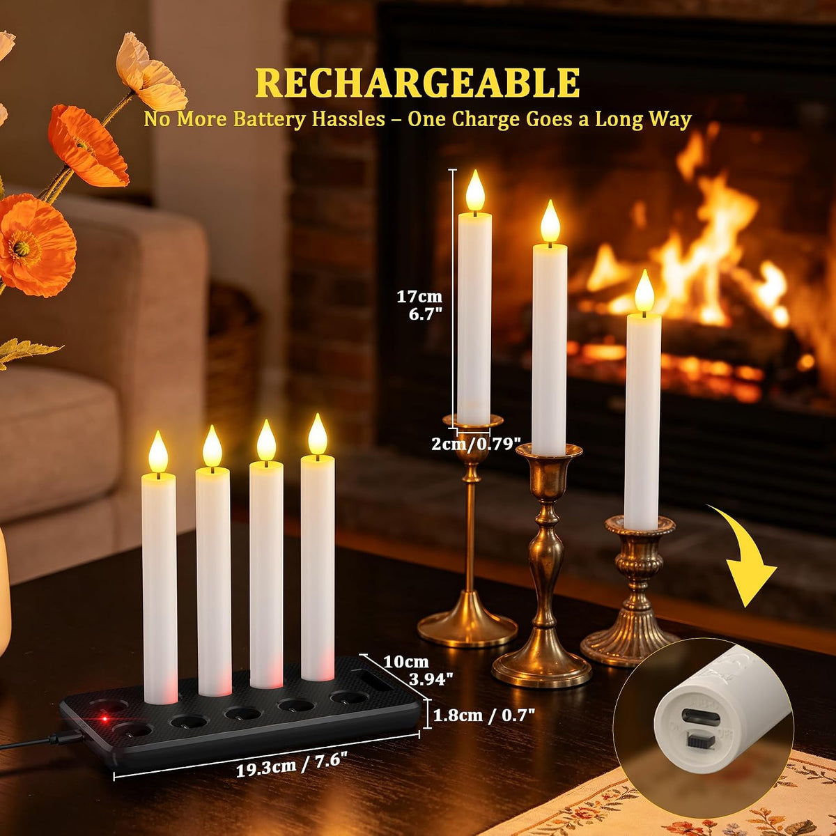 SoulBay 10pcs Flameless Rechargeable Taper Candles, Bright Realistic Flickering LED Electric Candlesticks with Charging