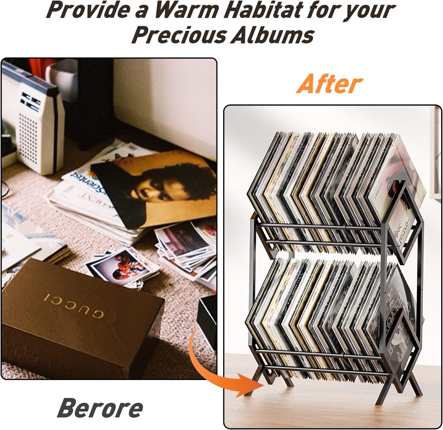 RUILALIFE 2-Tier-Vinyl-Record-Storage-Holder With Dividers, 200 LPs Albums Storage Rack Shelf, Steel Music Records