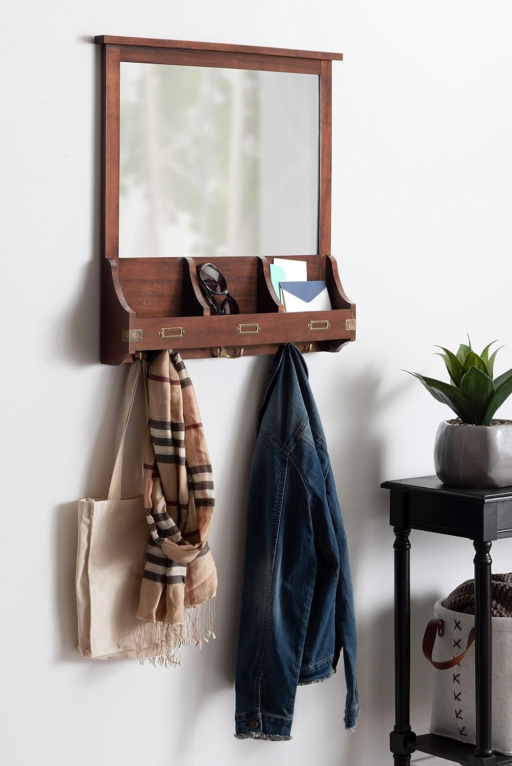 Stallard Decorative Wood Home Wall Organizer Mirror / 24"L x 3.5"W / Walnut Brown