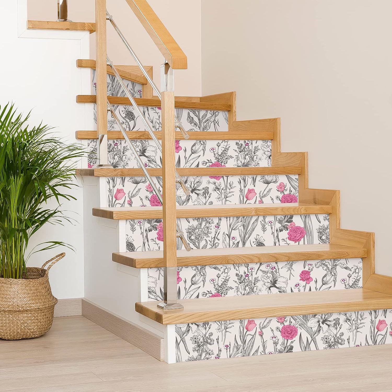 17.7''x354'' Grey Sketch Floral Wallpaper Vintage Pink Flower Peel / 17.7 x 354 / Grey, Pink