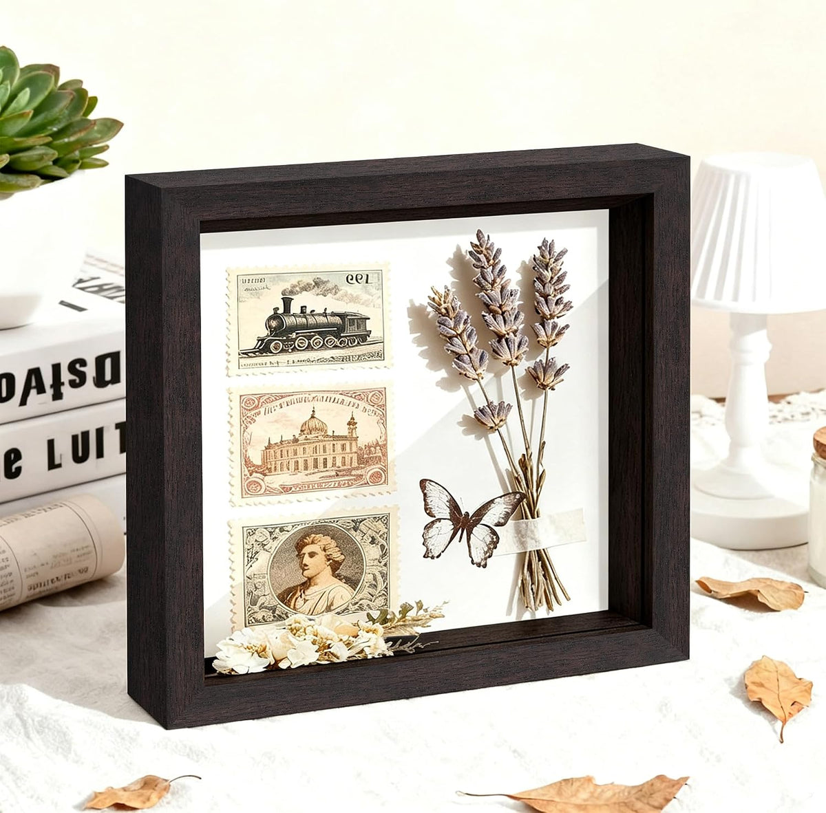 10x10 Brown Wooden Shadow Box Frame, 1.2" Deep, Tempered Glass | Black Backboard, Tabletop & Vertical/Horizontal Wall