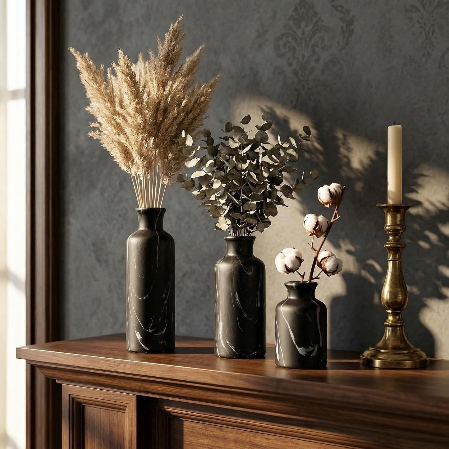 Modern Ceramic Flower Vase / 103-black Gray Marble / Set of 3