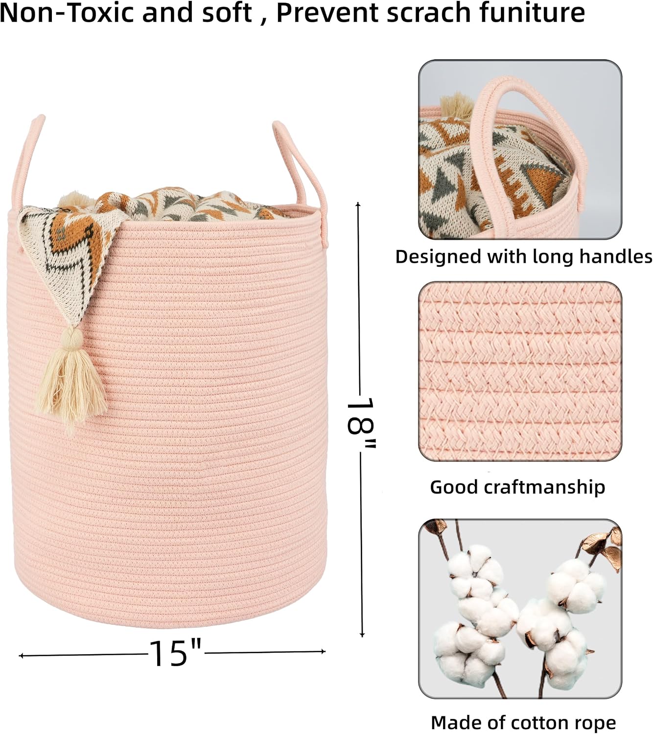 Cotton Rope Laundry Basket Hamper for Clothes Woven Storage Basket / Coral Pink / Regular