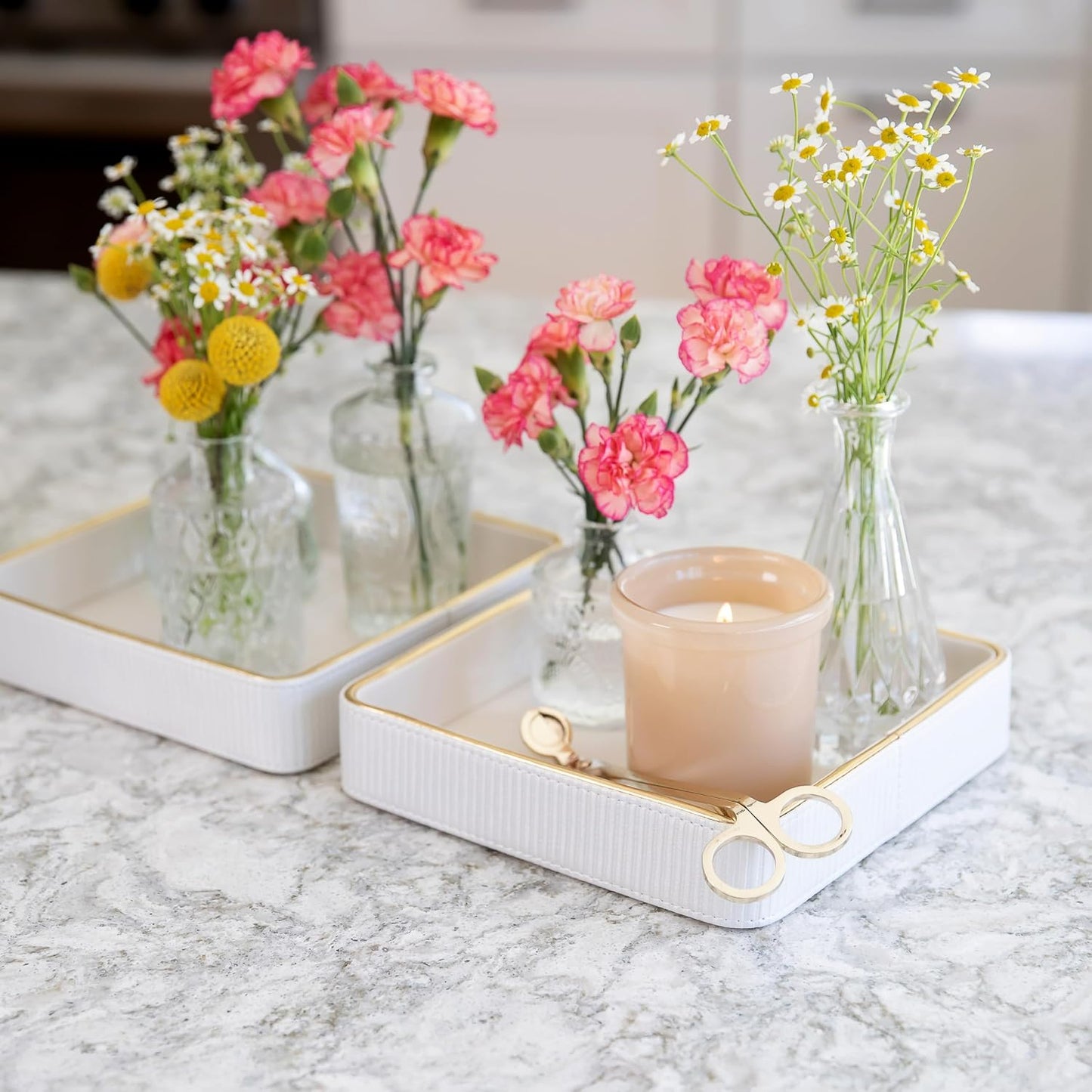 Bedside Tray / Leather Catchall Tray / White / 8 x 8 x 1.8 / Set of 2