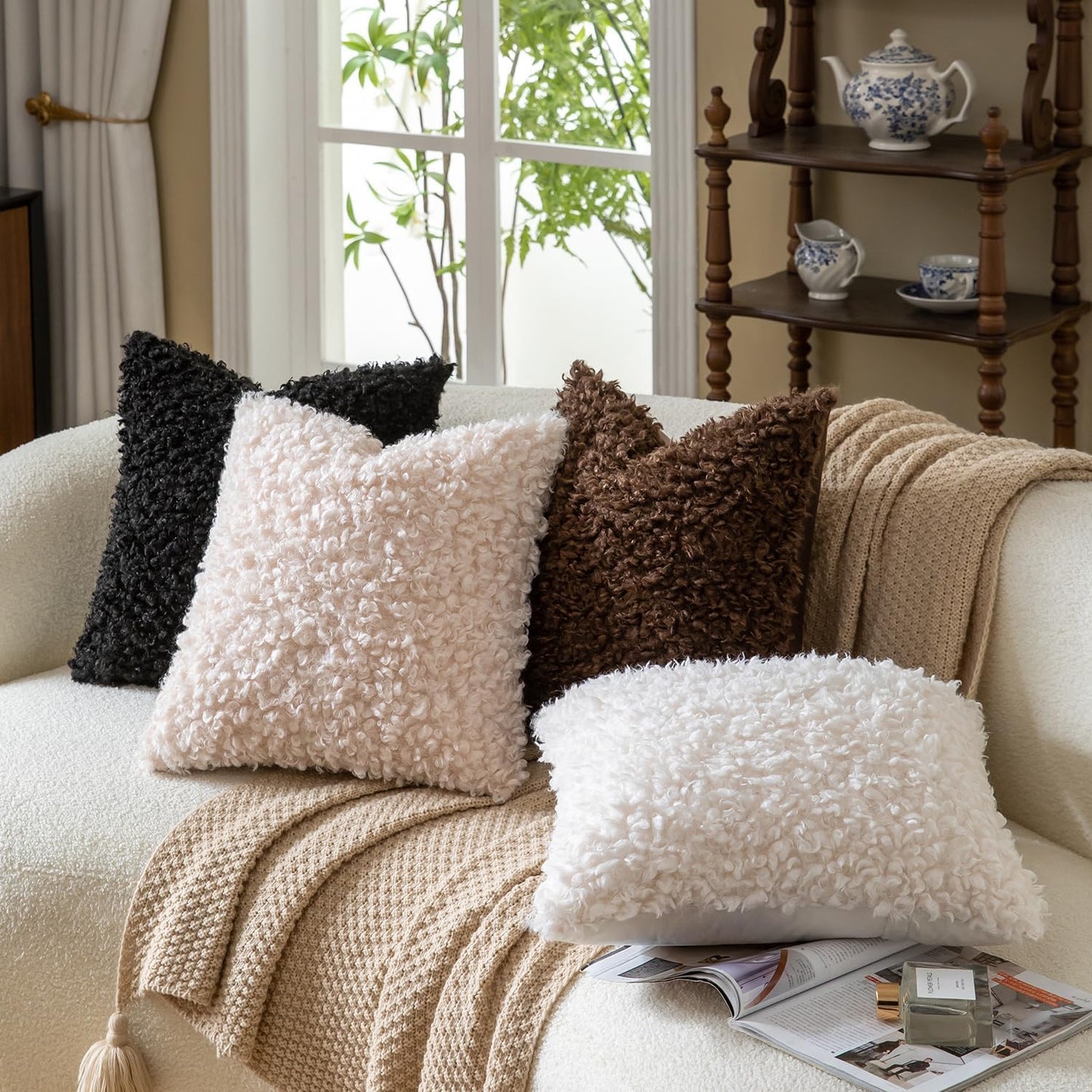 Faux Fur Throw Pillow Covers Boucle Decorative Sherpa Pillow / Apricot Beige / 18 x 18 / Set of 2