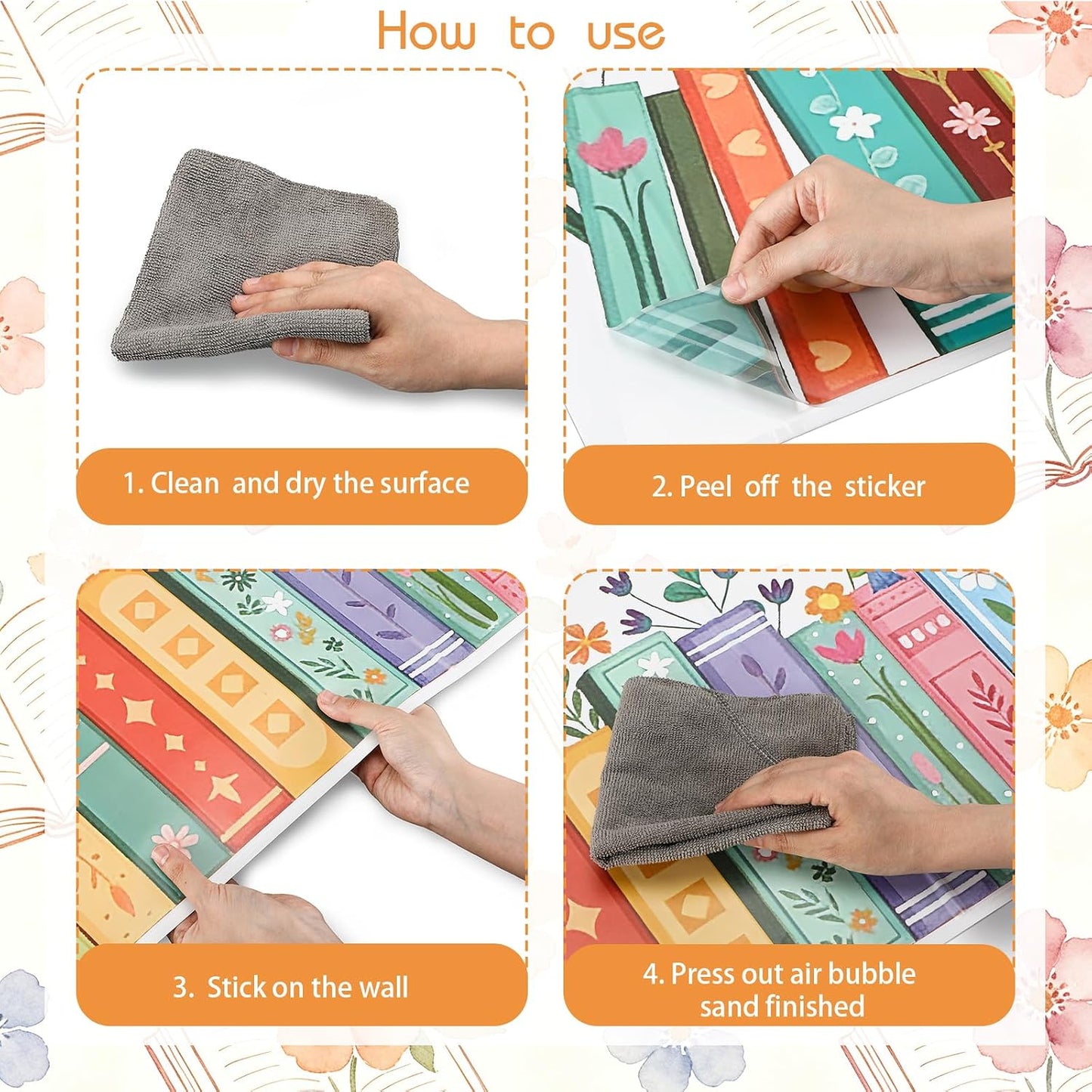 2 Sheet Spring Bookshelf Wall Decals Wildflower Books Reading Corner Stickers / Flower Bookshelf