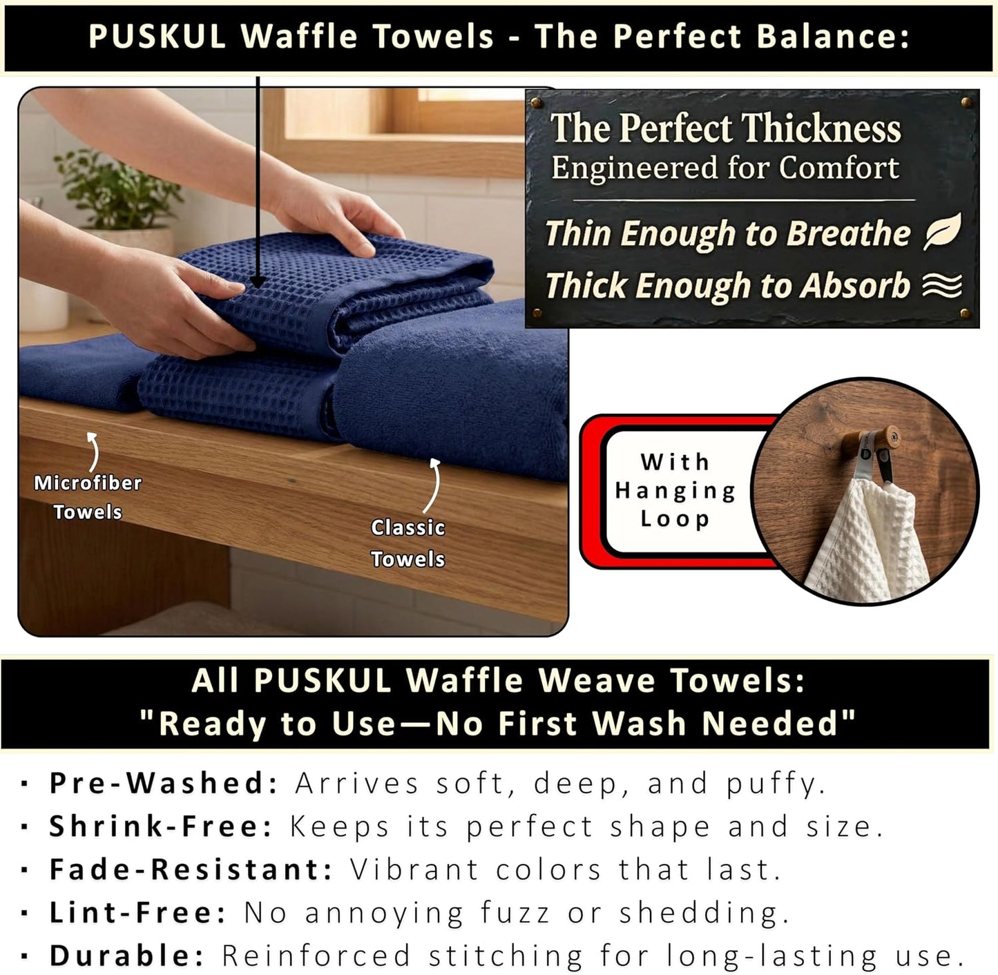 PÜSKÜL Natural 100% Turkish Cotton Waffle Bath Towels Set of 2, Extra-Large | Navy Blue, Oversize 32x63" Bath sheet