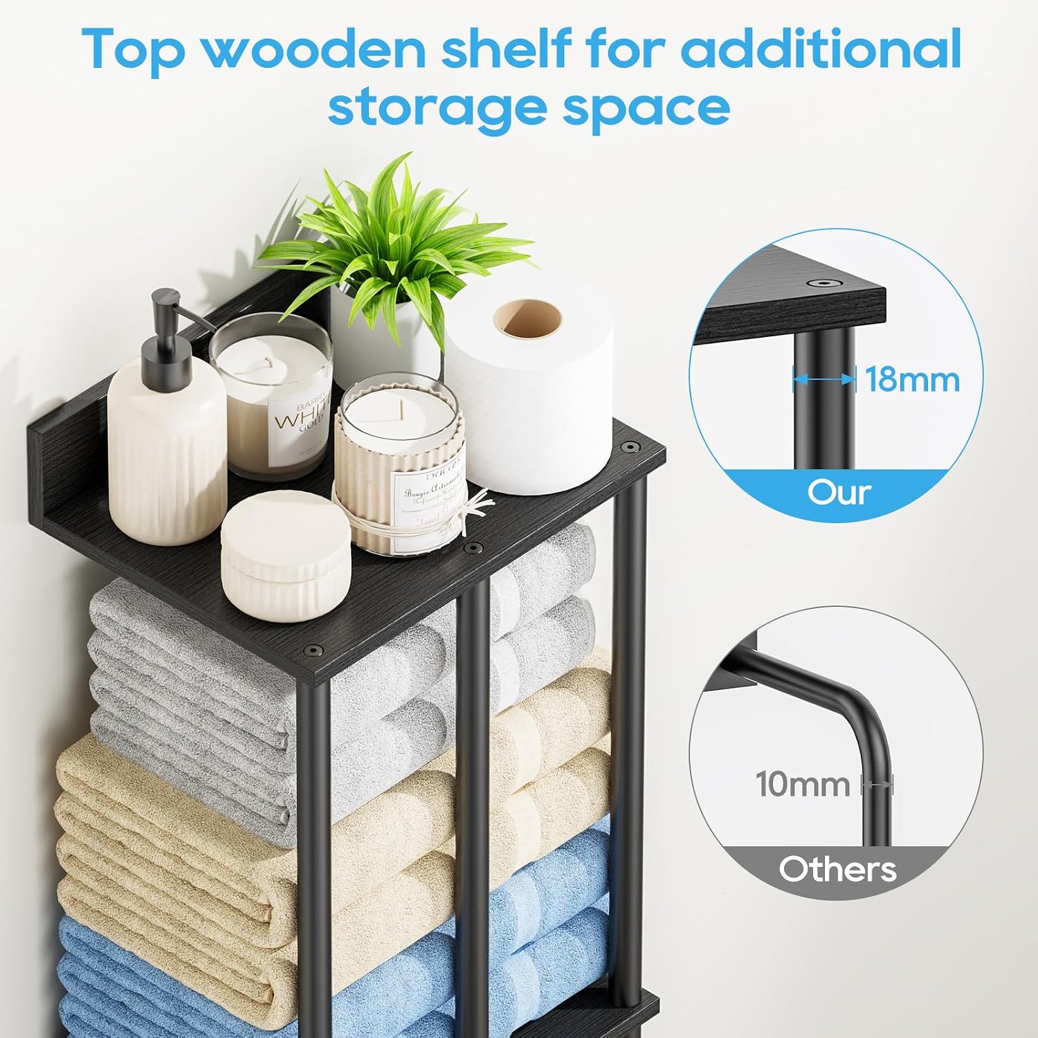 Towel Racks for Bathroom Wall Mounted with Wooden Storage Shelf | Updated 3 Bar Metal Towel Holder for Rolled Towels
