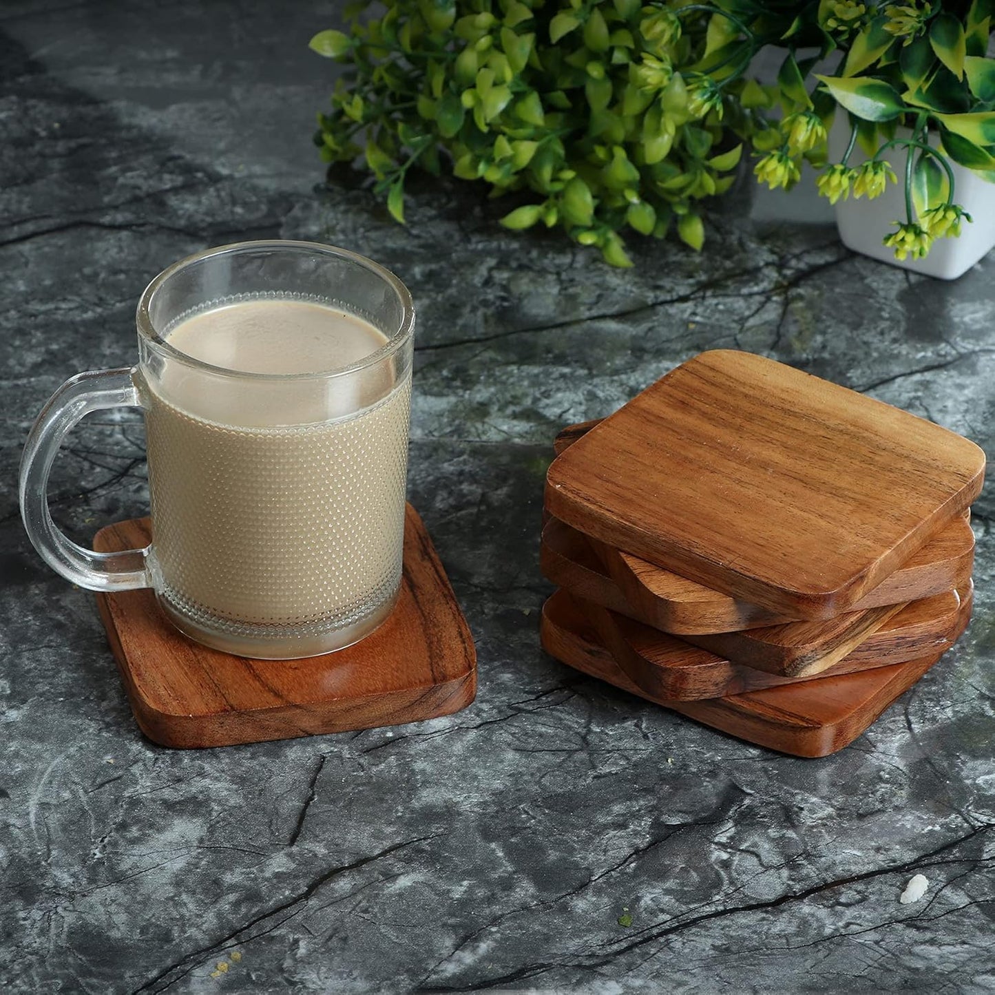 Iron Holder Stand / Square Acacia Wooden Set 6