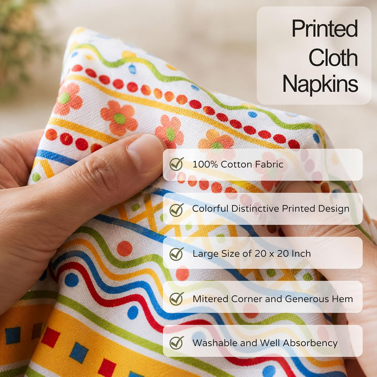 FINGERCRAFT Cloth Napkins Set of 12, 100% Cotton, 20x20 Inch, Folk Garden | Mitered corner, washable, soft, absorbent