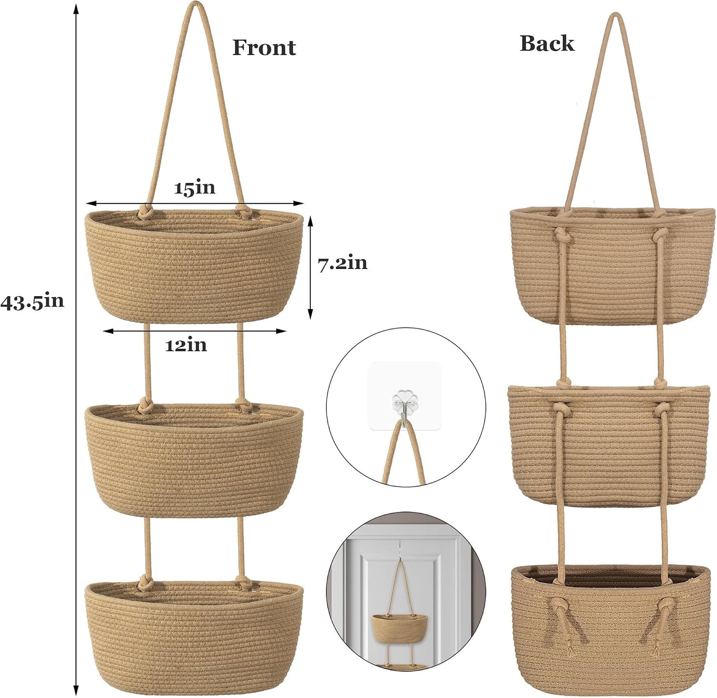 3 Tier Wall Mounted Woven Hanging Basket / 3 Tier Woven Hanging Basket / Brown